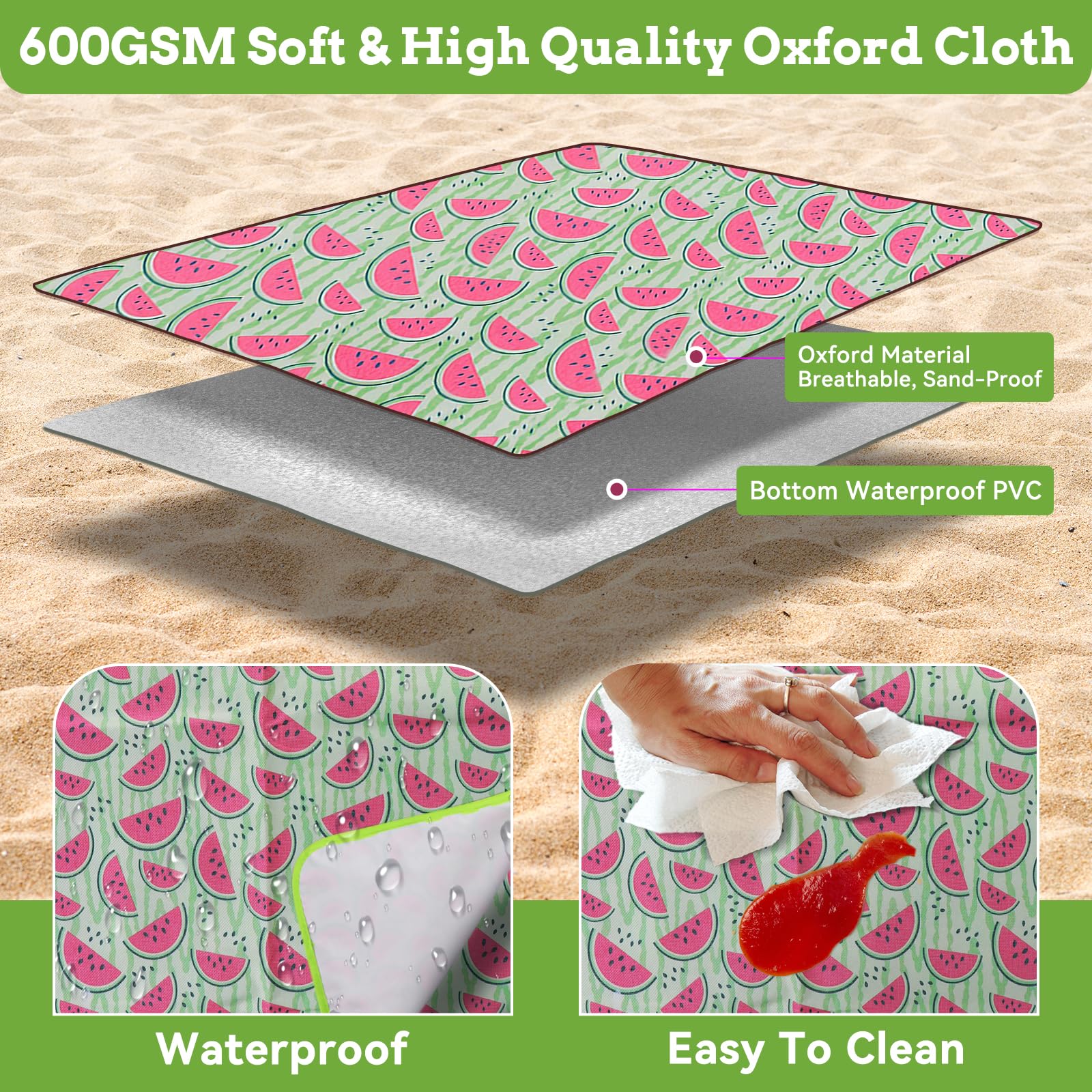Ninonly Manta Picnic Impermeable 200X200cm Manta para Picnic de Camping Grande Tapete de Picnic Plegable con Asa Portátil para Playa, Barbacoa, Viajes, Camping Patrón de Sandía