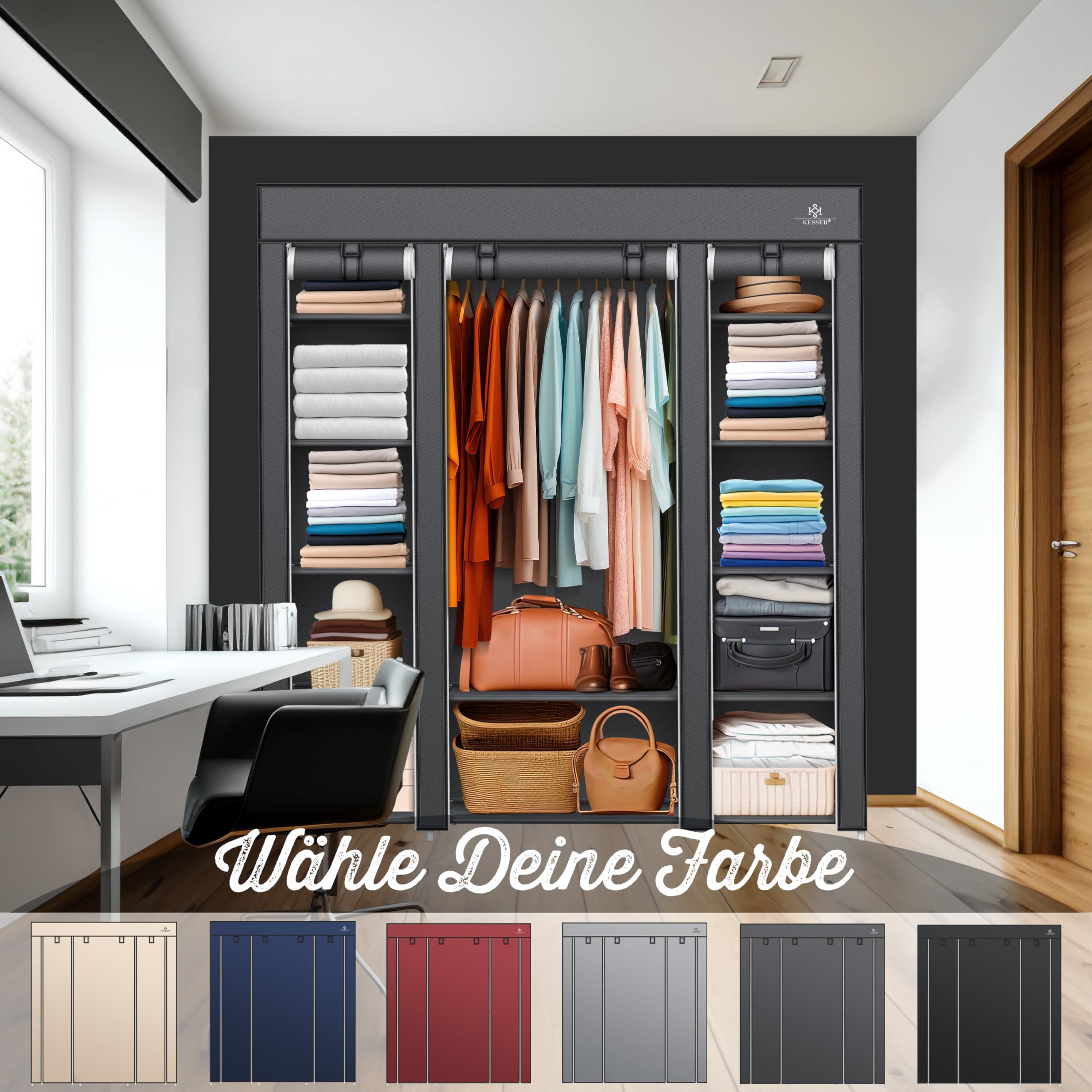 KESSER® Armoire en Tissu Solide avec Tringle à vêtements et étagères, 5 cintres Inclus, Armoire Pliante en Tissu pour Chambre à Coucher, Dressing avec Porte-Manteau 150 x 45 x 175 cm Anthracite