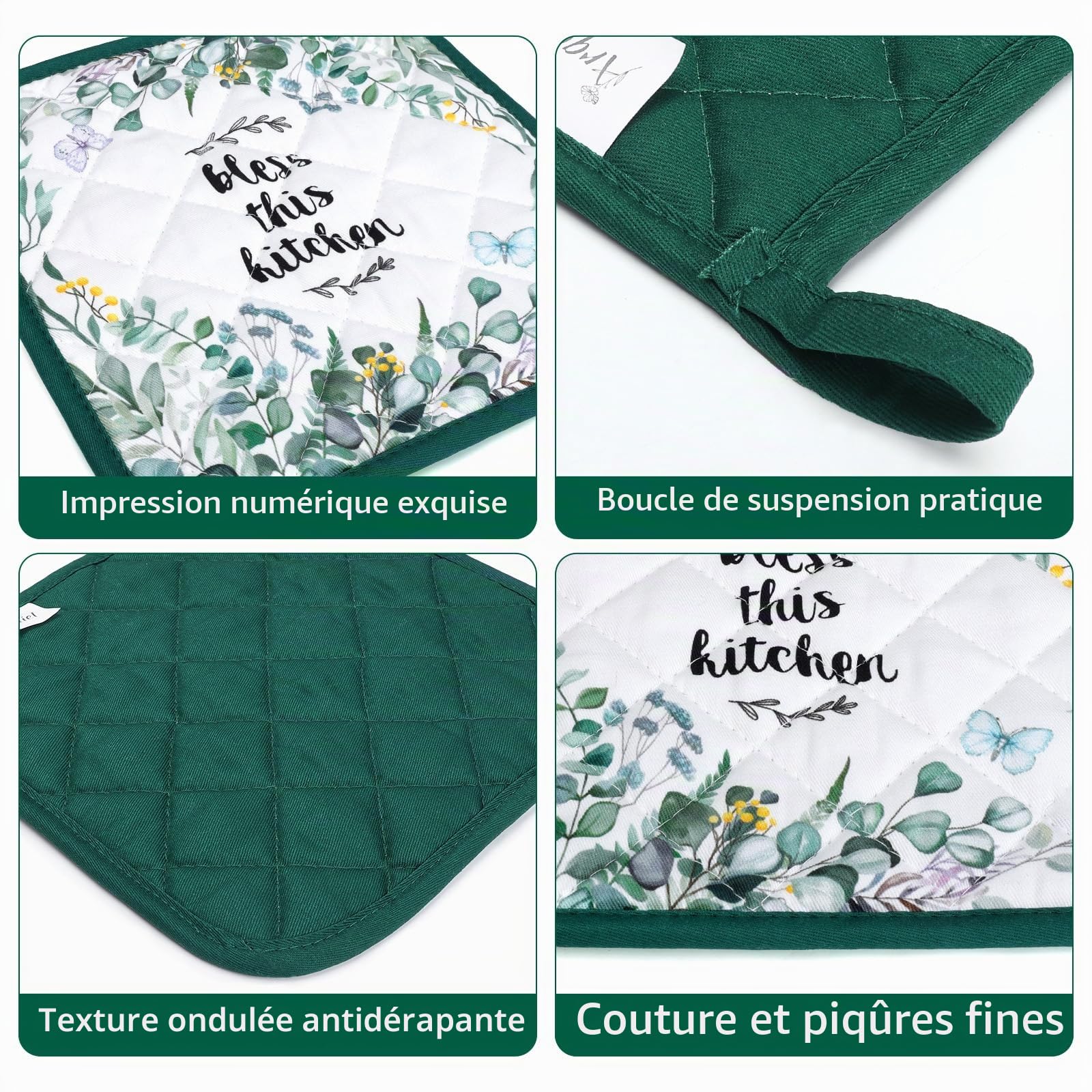 Gants De Four & Maniques Lot De 2, 100% Coton Maniques Cuisine Gant Four Anti Chaleur Extra-Longue pour Barbecue, Cuisine, Griller,Micro-Ondes(Feuilles d'eucalyptus)
