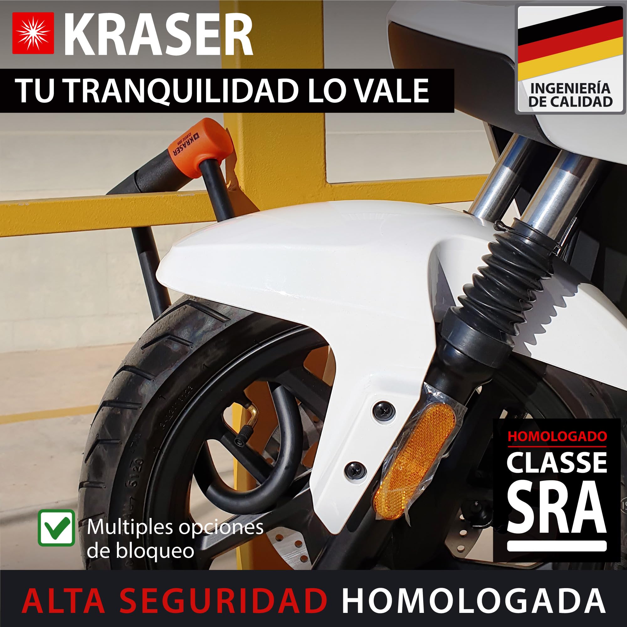 KRASER KR85L Robusto Candado Moto U Bloqueo, Homologado SRA, Alta Seguridad Testada, Arco 85x300mm ø18mm Doble Cierre, Cerradura Antiganzua, Antirrobo U Lock para Motocicleta, Scooter, Bici Eléctrica