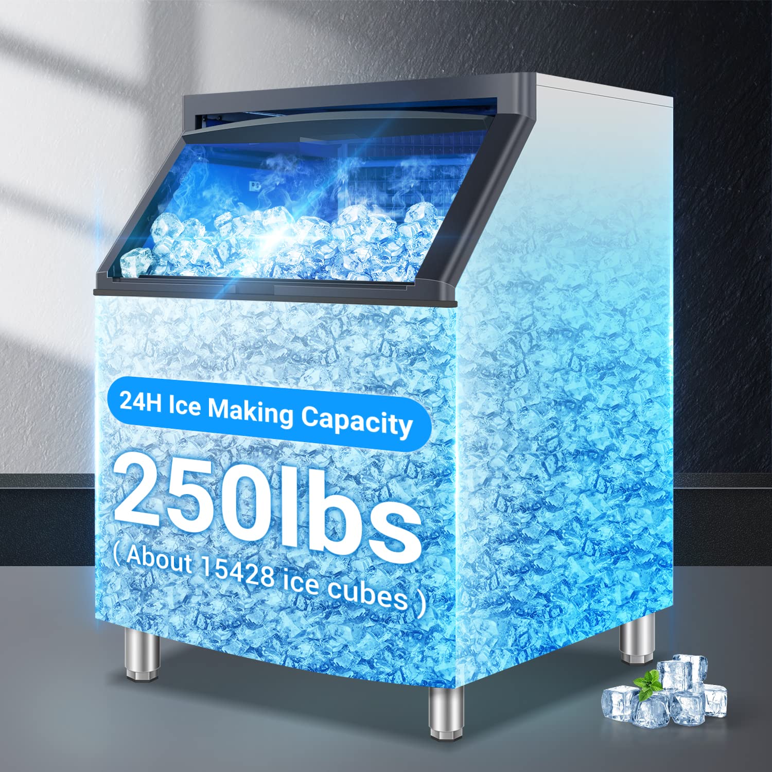 Professionelle Eiswürfelmaschine, 113 kg/24 h, 15 Minuten, Speicherkapazität 42 kg, Edelstahl, 515 W, ideal für Eistkaffee, Bier und Cocktails, Perfekt für Hausbar