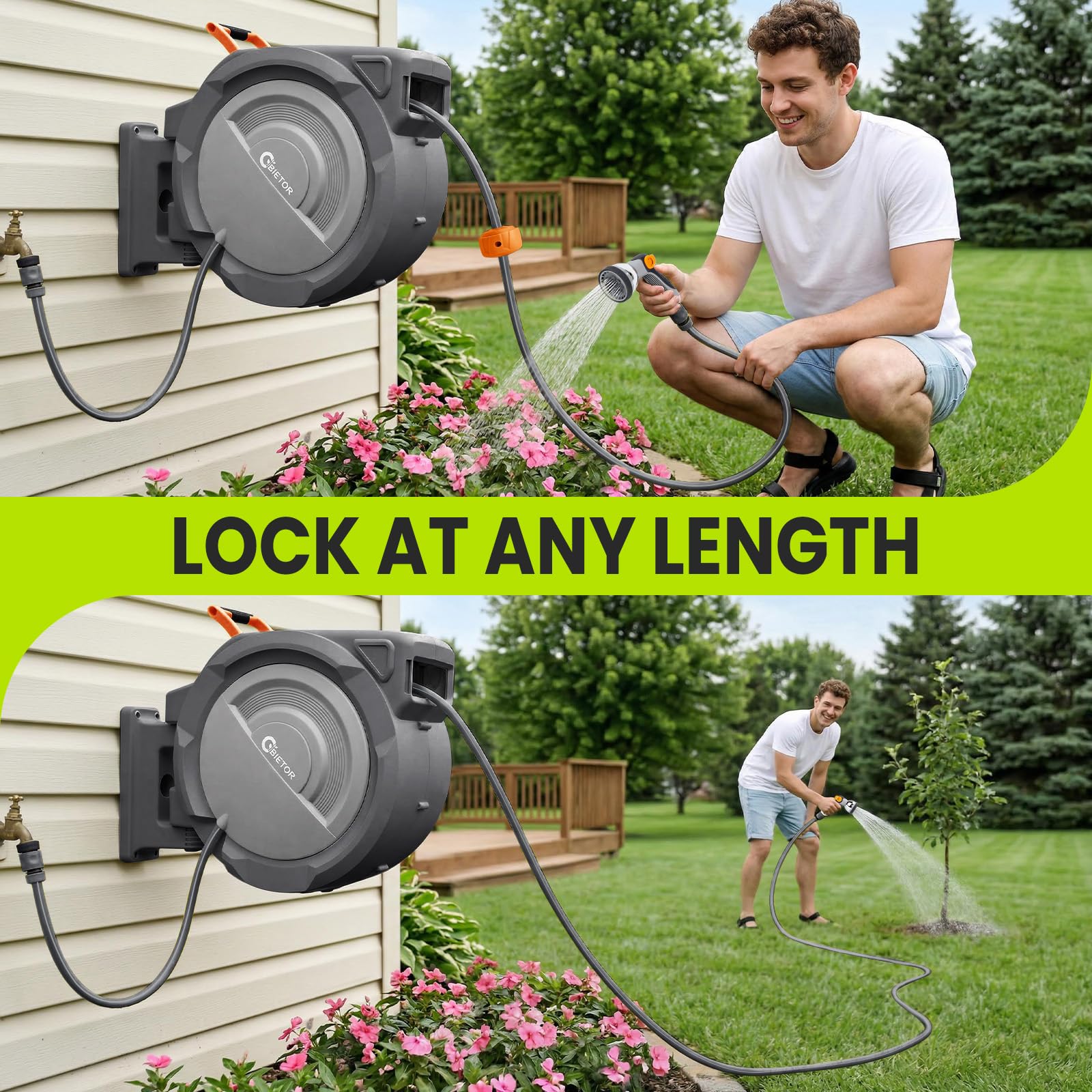Schlauchtrommel 45m + 2m, 180°schwenkbar, Wandmontage, Automatischer Rücklauf, Längenarretierung, 10-Funktionen-Gartenbrause. Geeignet für Gartenbewässerung, Autowäsche