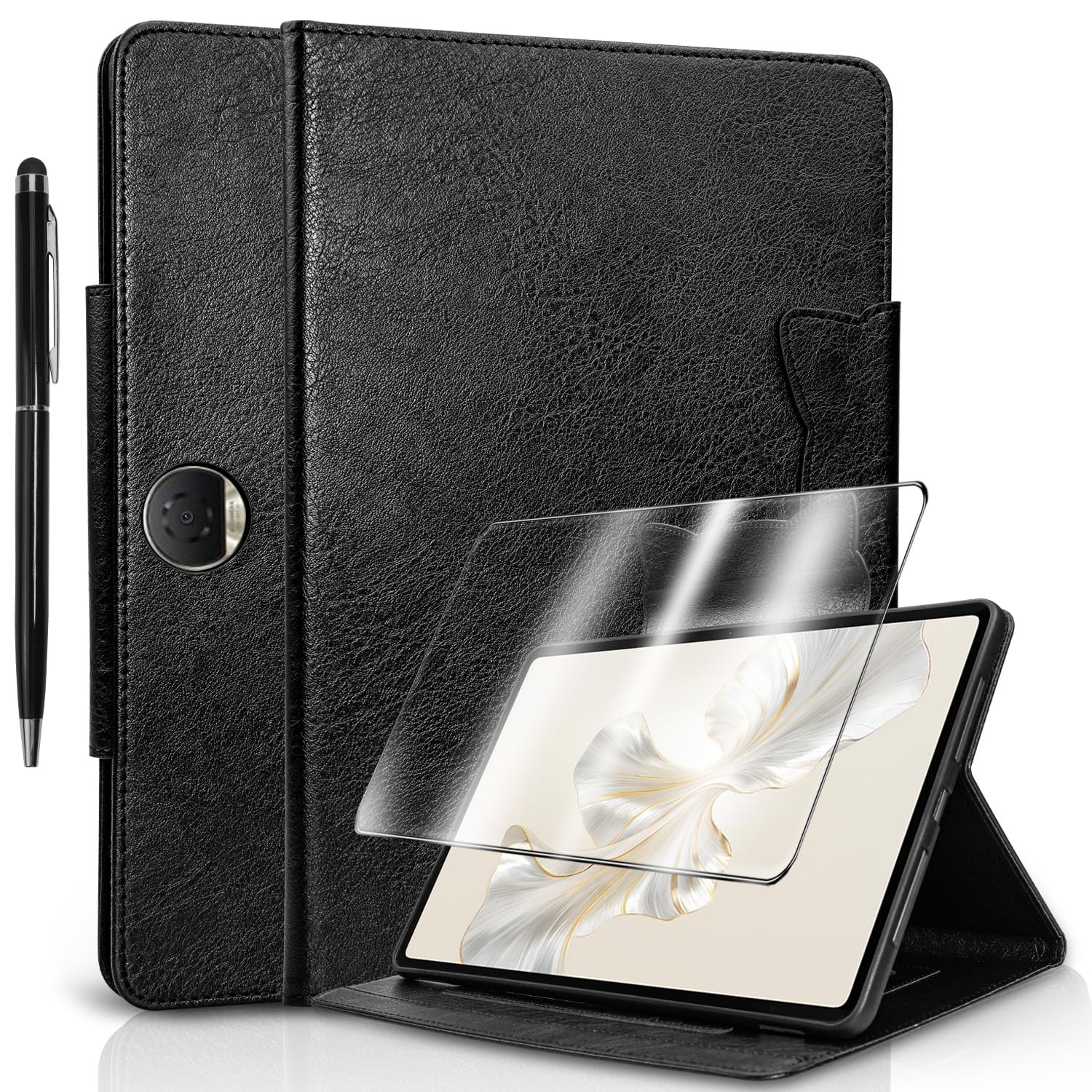 for Honor Pad 9 12.1 inch Case with Screen Protector PU Leather with Pencil Holder Stand Full Shockproof Protective Tablet case Covers - Black