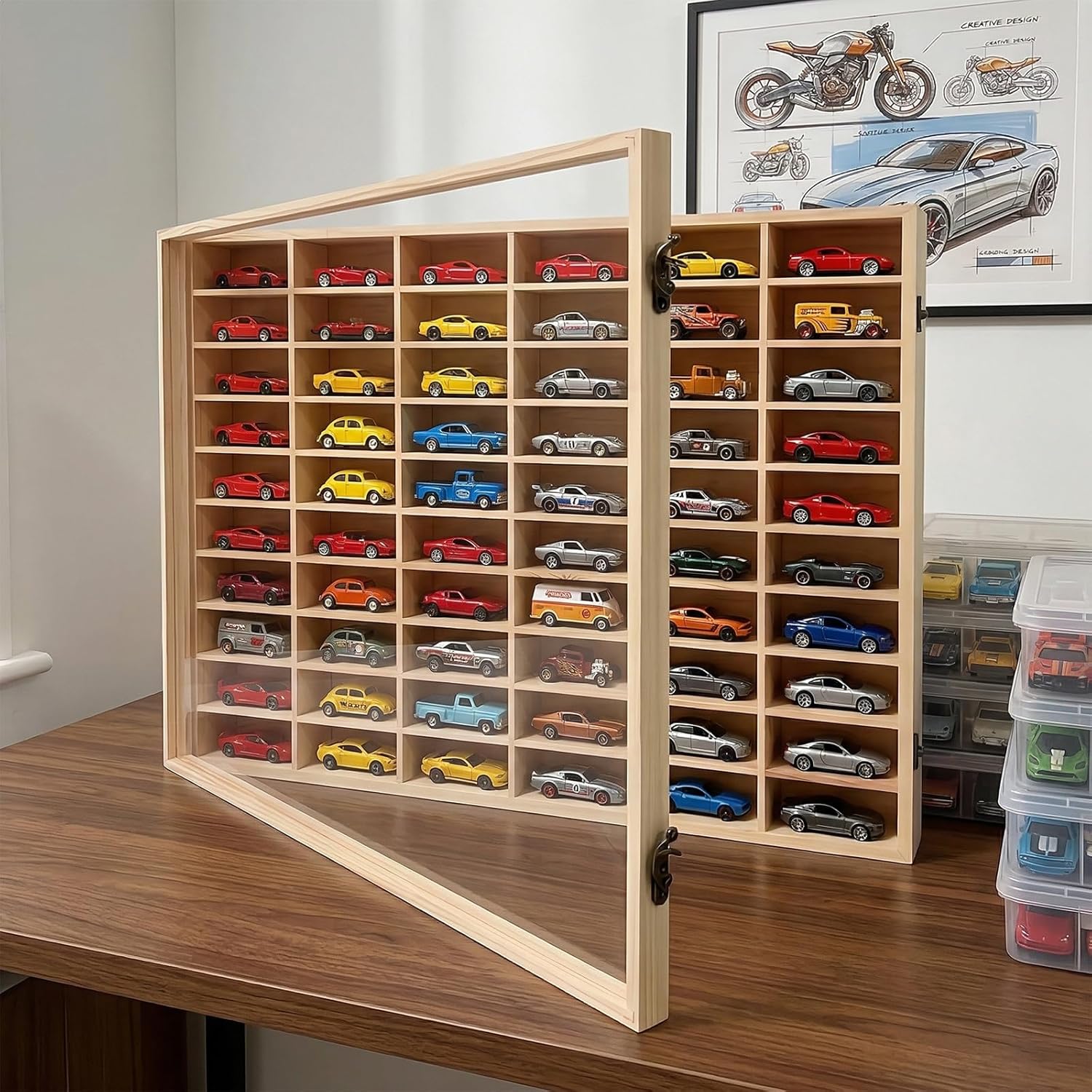 Wooden Storage Display Shelf with Dust Resistant Acrylic Door Model Car Storage Cabinet 1:64 Scale Model Car Display Organizer Store Up to 50 Mini Cars