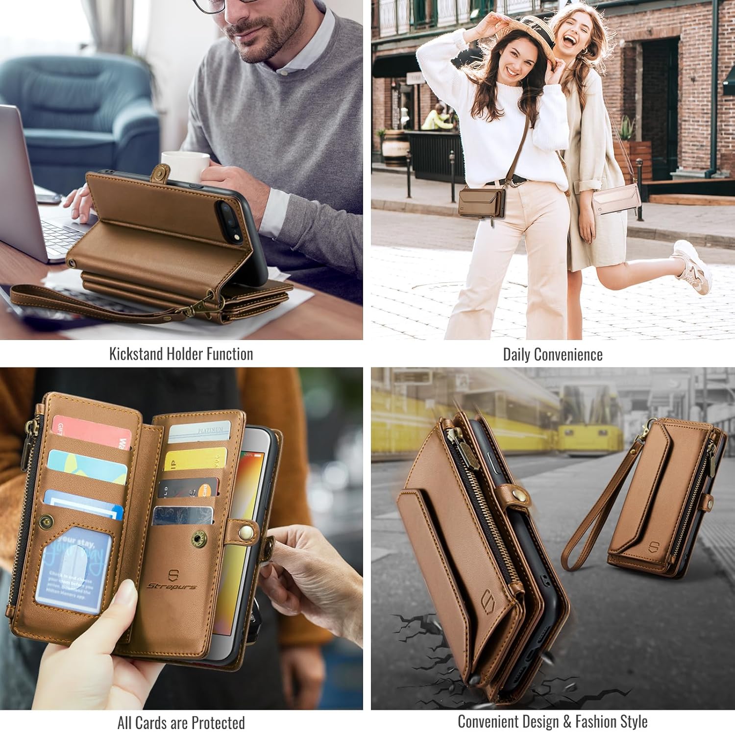 Crossbody Wallet Case Compatible with iPhone 8 Plus / 7 Plus RFID Blocking 10-Card Holder Soft PU Leather Magnetic Closure Shoulder Strap Zipper Pocket Phone Case for Women 5.5" - Brown - Image 6