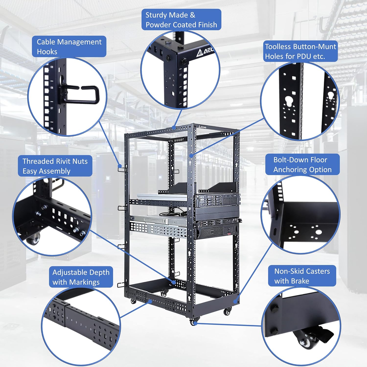 AEONS 22U 4-Post IT Open Frame Server Rack 19 Inch Depth-Adjustable (22" to 40") Network Equipment AV Gear w/Casters and Cable Management