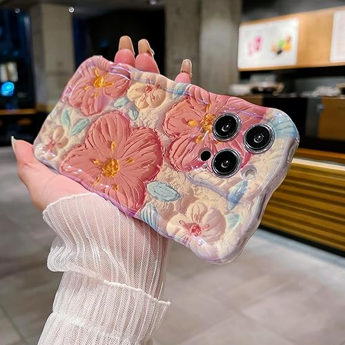 Miniatura 2 de Funda para iPhone 14 Pro Max, colorida pintura al óleo retro flor linda rizada con borde floral para mujeres y niñas, protección de cámara, funda