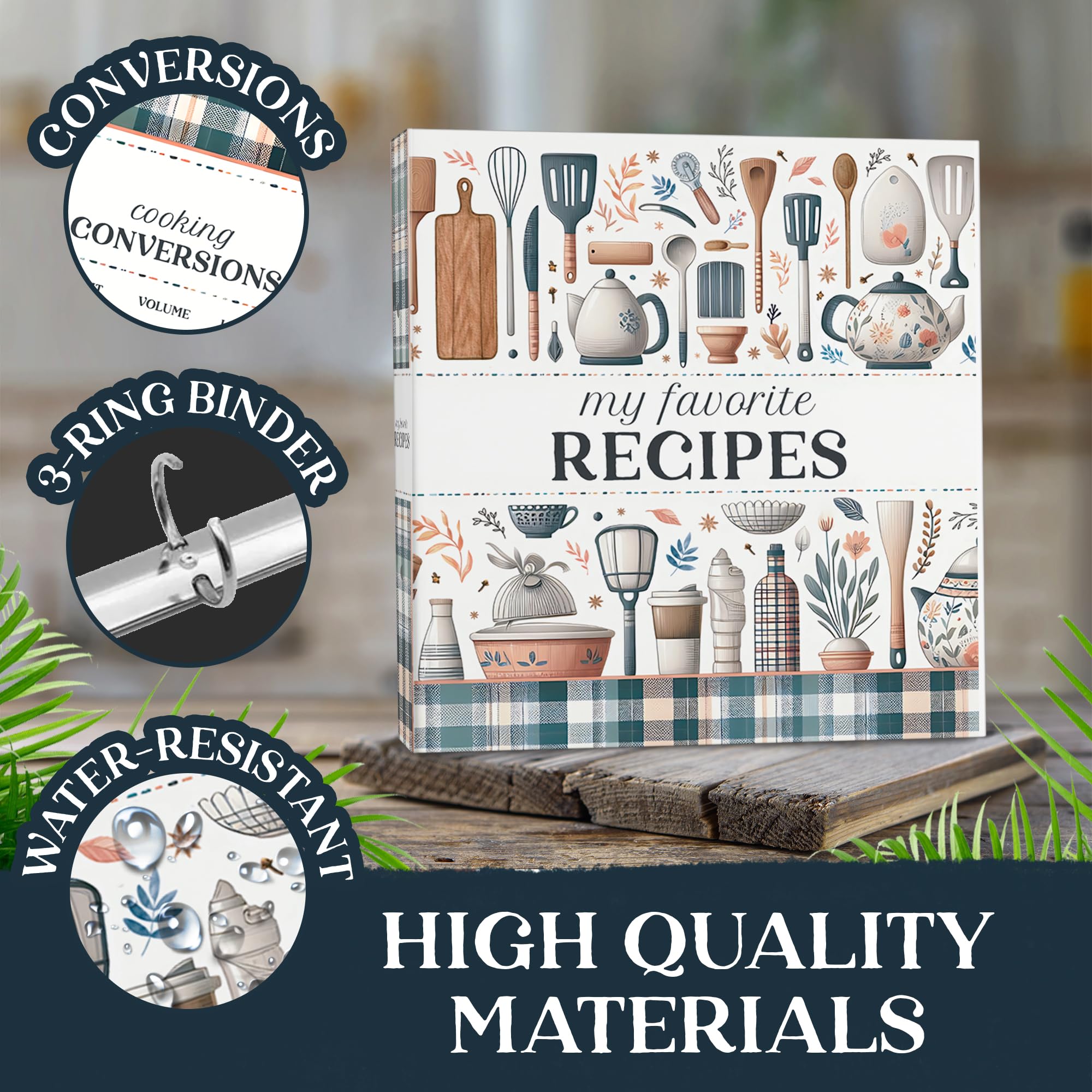 Raccoglitore per ricette deluxe, raccoglitore a 3 anelli per libri di cucina a quadri con 12 divisori personalizzati, 25 pagine protettive, schede per ricette spaziose, tabella di conversione della