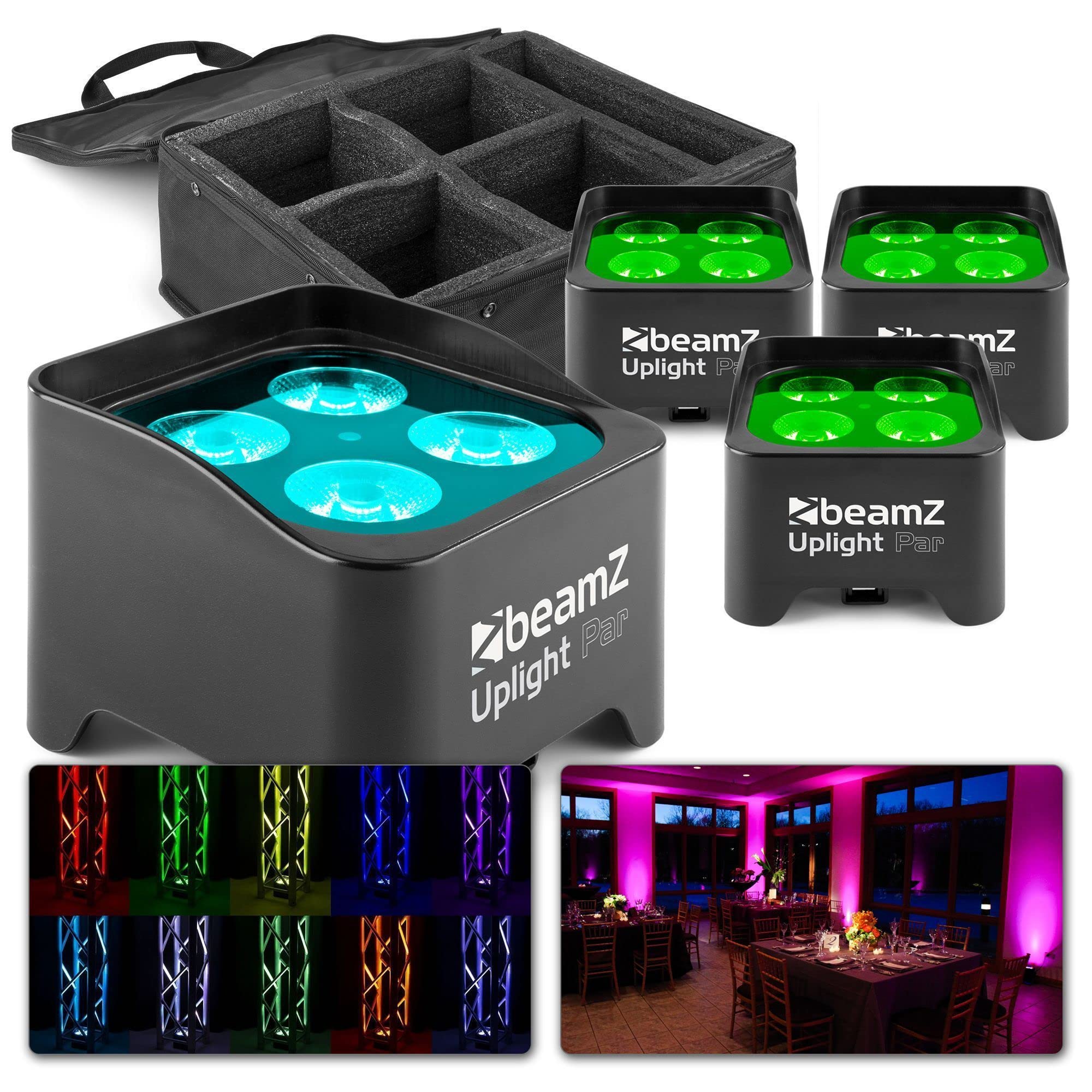 BeamZ BBP90 LED Uplight LED Par Strahler, 20h Akku, 4er Set mit Tasche, 4 x 4 Watt, Bühnenbeleuchtung Set für DJ Pult, Bühnenlicht, DMX-LAN, Partylicht Musikgesteuert, Bühnenequipment, Fernbedienung