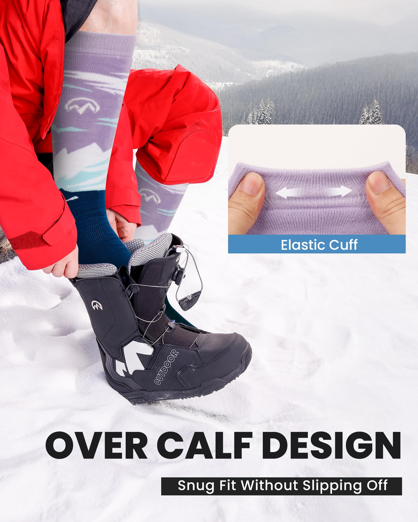 OutdoorMaster Chaussettes de ski, lot de 2 paires de chaussettes thermiques de ski et de snowboard pour femme avec design OTC avec manchette antidérapante, motifs de montagne