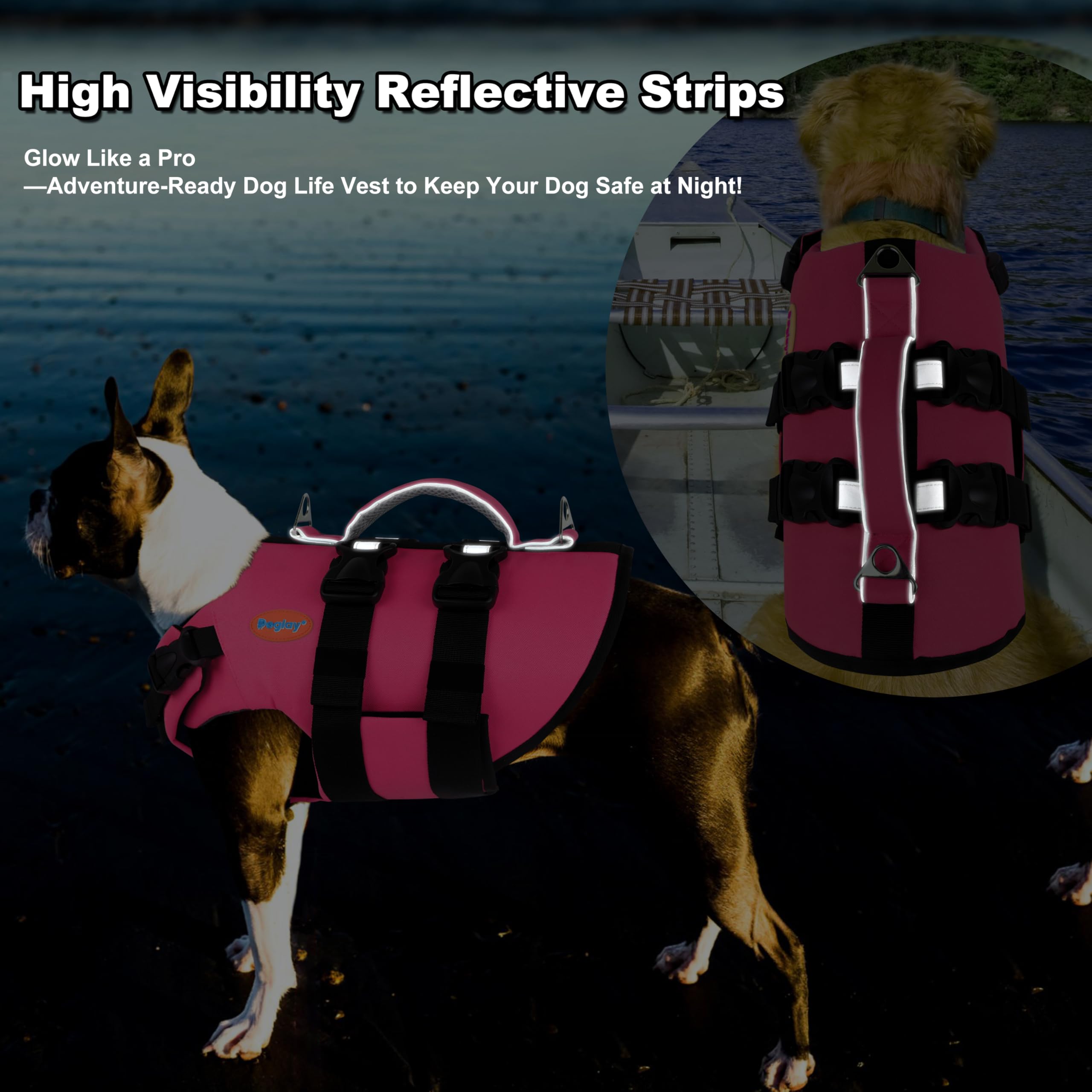 Doglay - Gilet de sauvetage pour chien avec bandes réfléchissantes, gilet de sauvetage réglable à haute flottaison avec poignée de sauvetage pour grands chiens