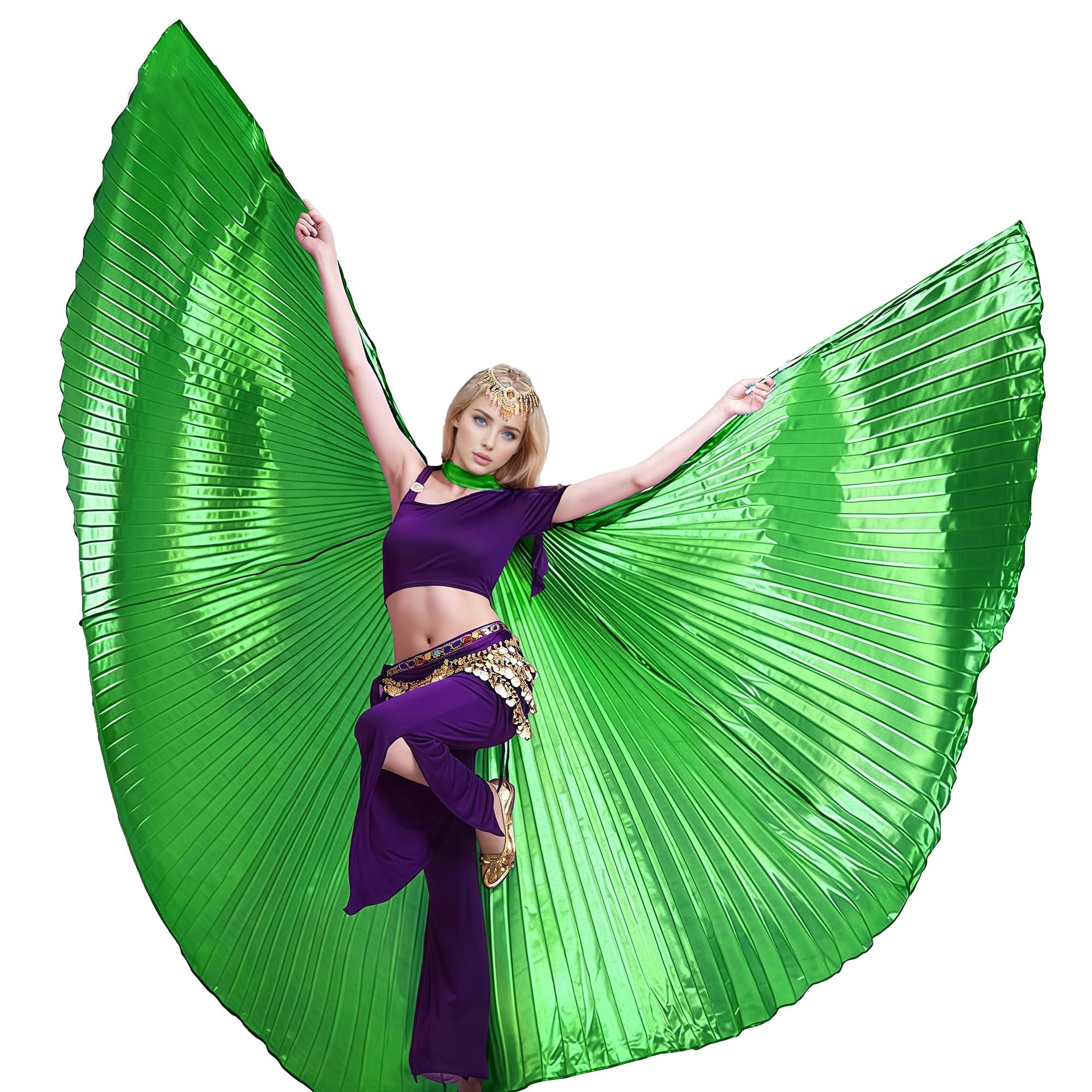 Wuchieal Women's 2 Sticks & Belly Dance Costume Angle Isis Wings (Green)
