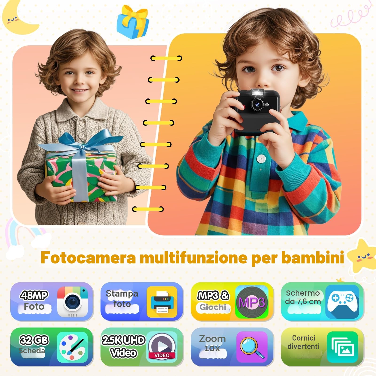 CAMCLID Macchina Fotografica Istantanea Bambini 48MP 2,5 UHD 3,0 Pollici con Scheda 32GB Nero