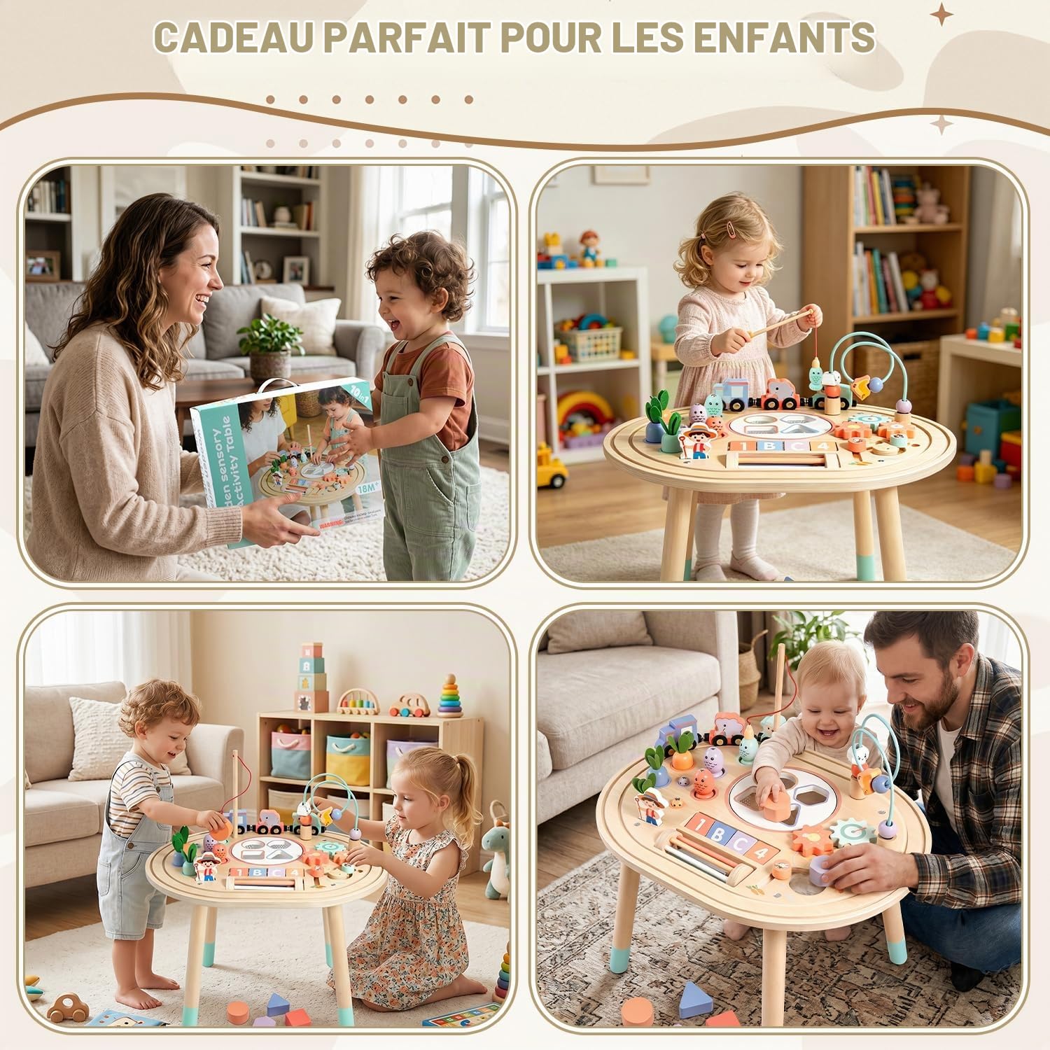 10-en-1 Table D'activités Bébé, Jouets en Bois Montessori 1 2 3 Ans | Jouet Éducatif Sensoriel avec Jeu de Pêche, Trieur de Formes, Jeux de Motricité, Cadeau Anniversaire Noël Fille Garçon