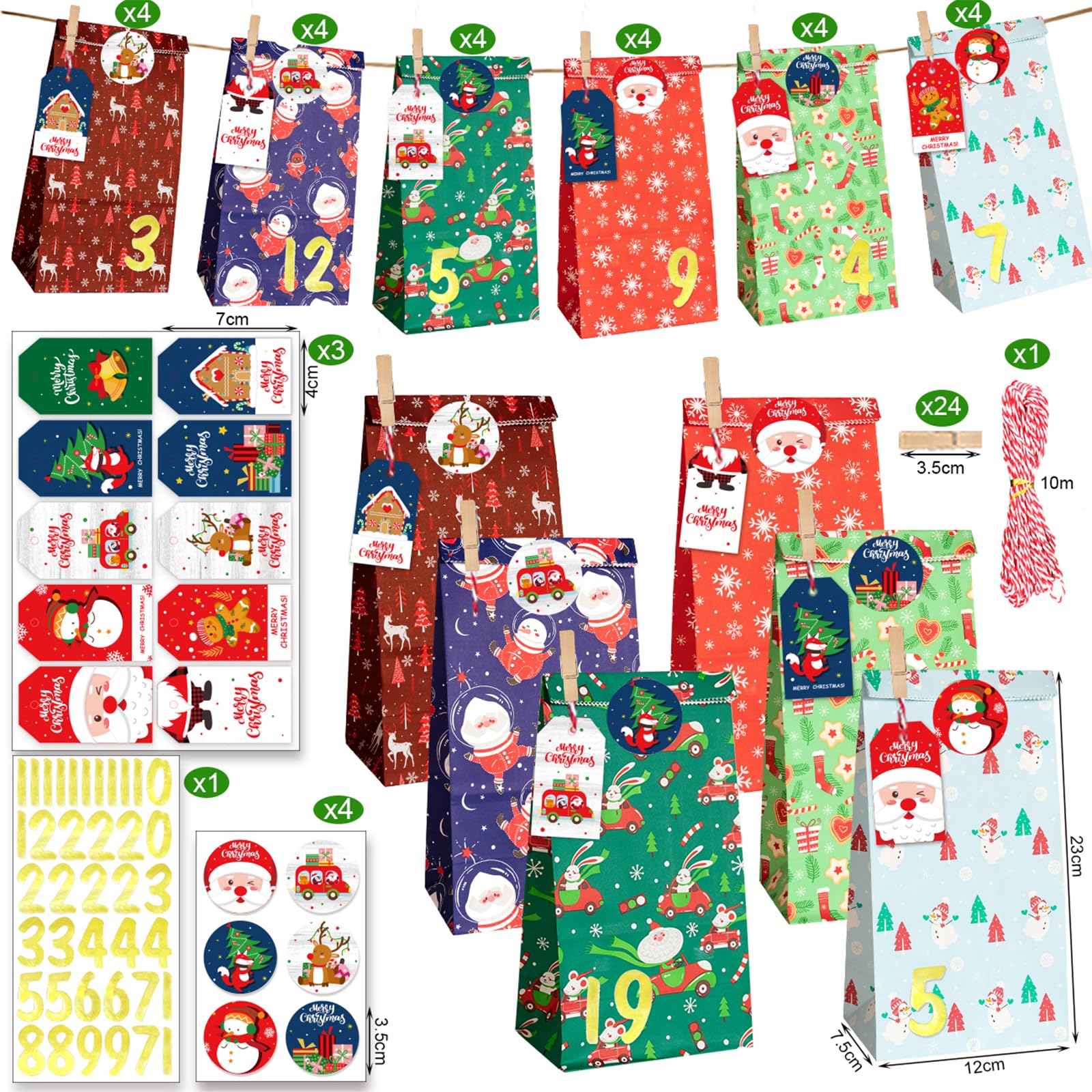Calendrier De L'Avent Vide En Tissu à Remplir - 24 Pochettes, Étiquettes Et Pinces En Bois | Décoration Noël Réutilisable