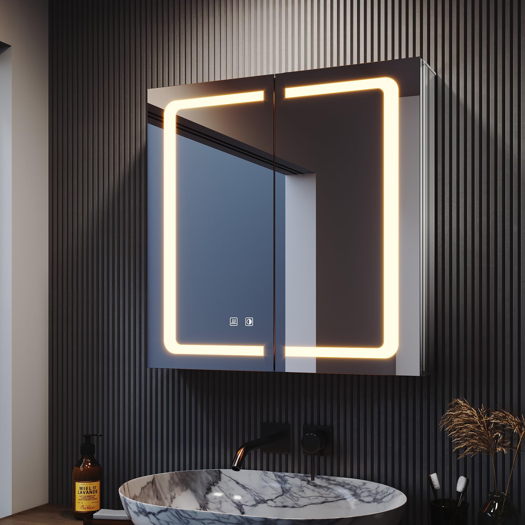 SONNI Szafka z lustrem LED, 65 × 65 cm, bez zaparowania, szafka z lustrem z oświetleniem z gniazdkiem aluminiowym, szafka łazienkowa z lustrem z przełącznikiem dotykowym
