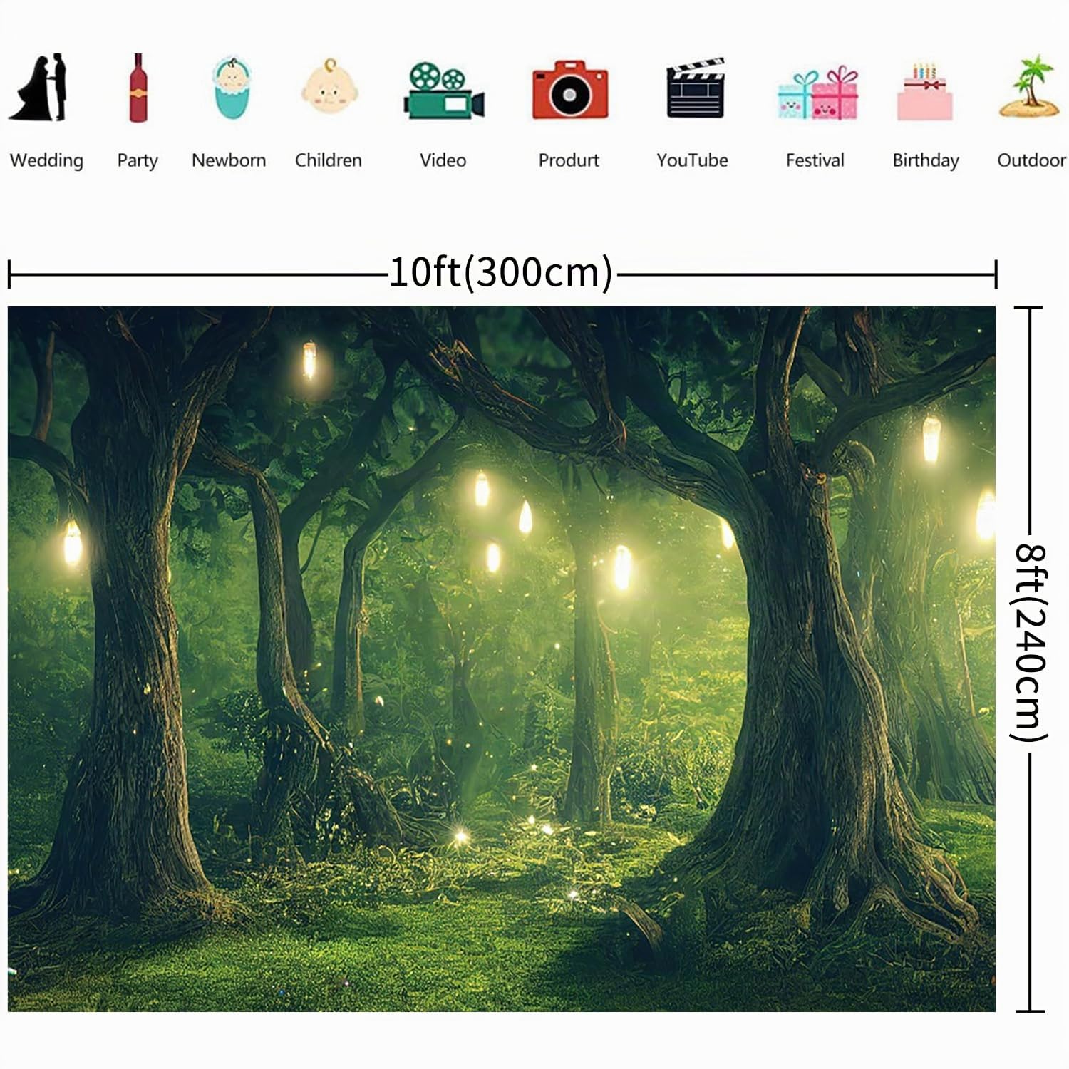 3x2.4m Toile de Fond Foret enchantée Fantaisie Pays des Merveilles Forêt Vert Arbres Magiques Jungle Photographie Fond Mariage Douche de bébé Anniversaire Décorations de fête