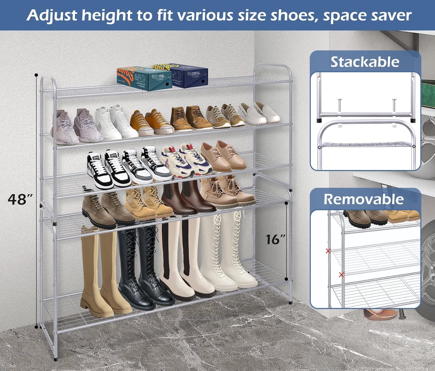 KEETDY 3-Tier Long Shoe Rack for Closet Metal Shoe Organizer for Entryway, Wide Stackable Shoe Storage Shelf with Sturdy Wire Grid for Closet Floor, Bedroom, Grey
