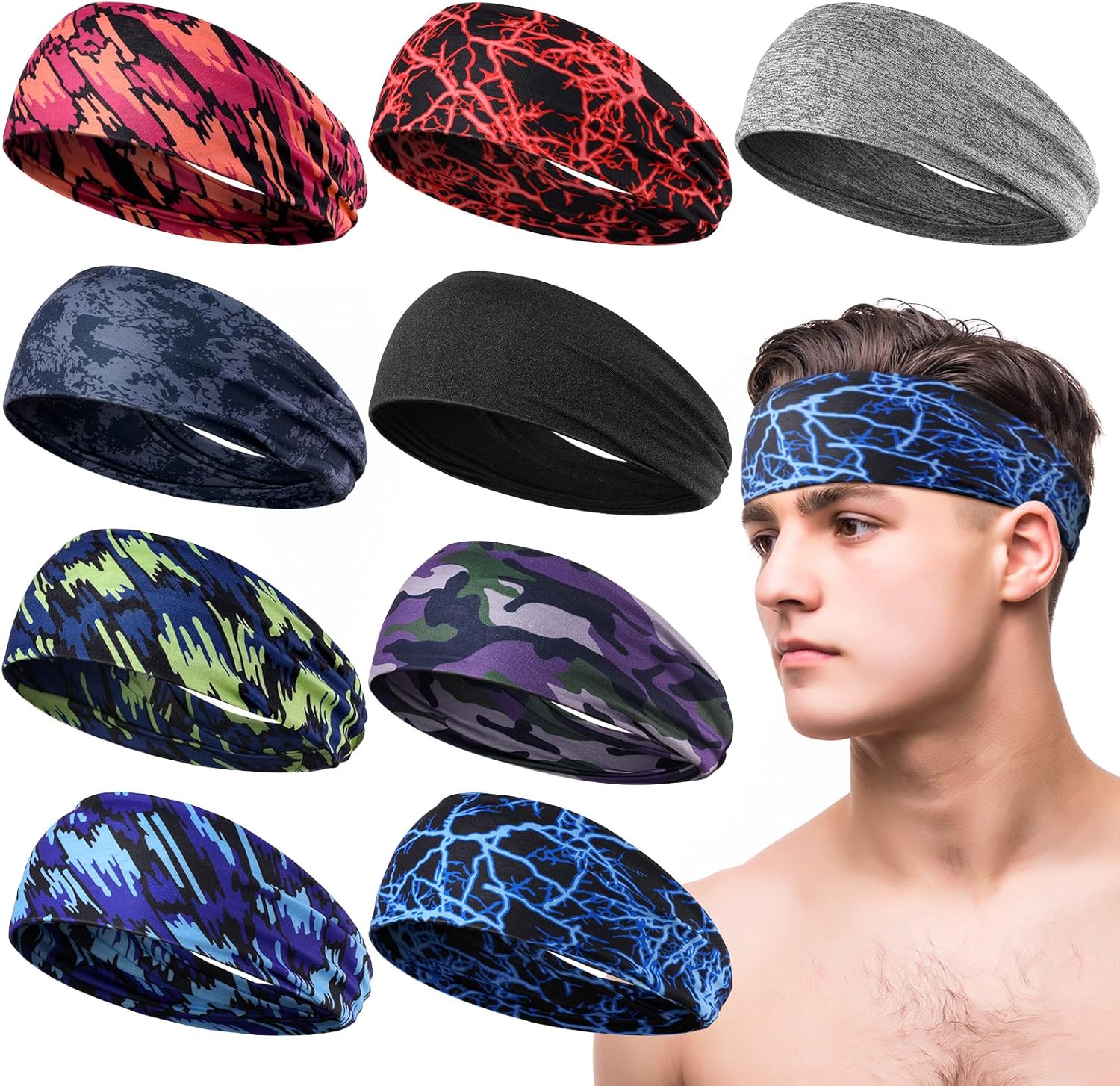 Men's Sweatbands for Workout and Sports - Camo Headband, Sweat Absorbing Wide Headband for Basketball, Football, Cycling, Running, Yoga, 4.7 x 9.8 Inch