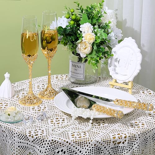 Miniatura 4 de Sratte Juego de 4 cuchillos para pastel de boda y copas de champán, copas de champán con diamantes de imitación de cristal para tostar, vasos,