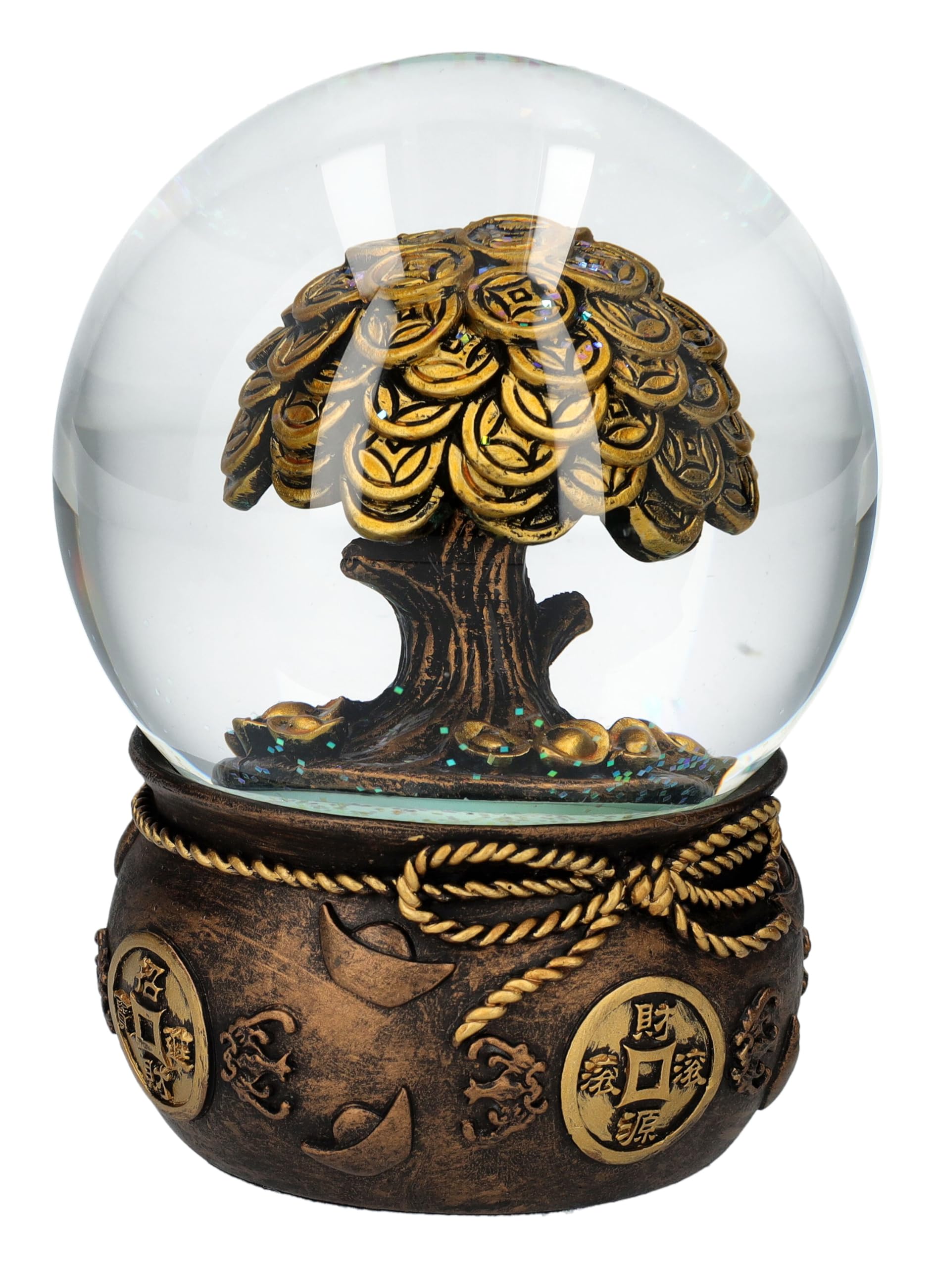 Glücksbringende Geldbaum Schneekugel, Feng Shui, 13,5 cm - Bronzefarben, Chinesische Münzen, Glücksbringer Figur