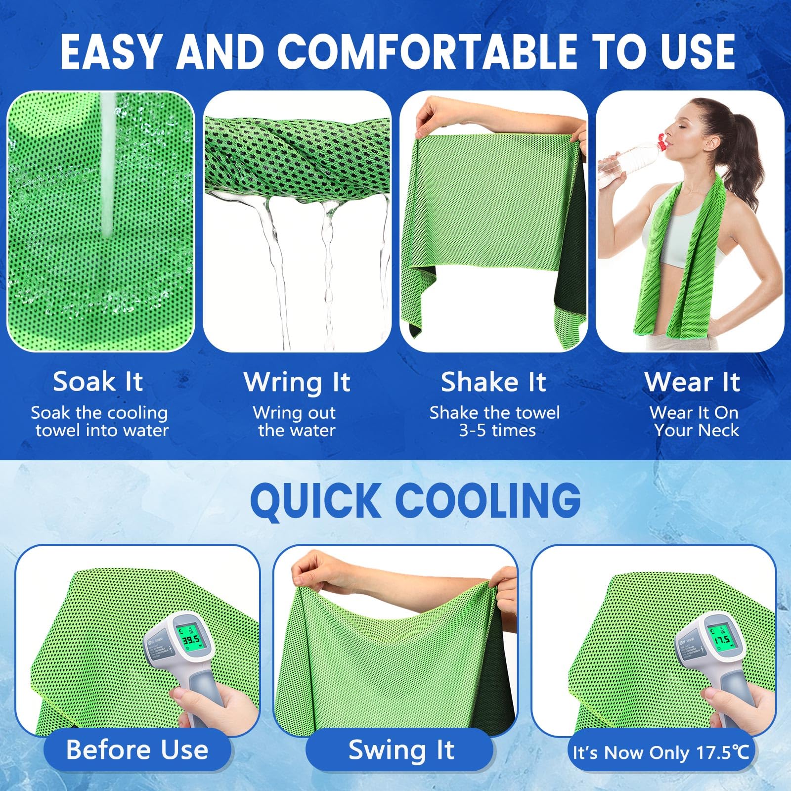 Pack 100 Toallas Refrescantes 40"x12" Microfibra Cooling Towel Deportiva, Efecto Frío Instantáneo, Reutilizable, Transpirable, para Equipos Eventos Gym Deporte Bright Green