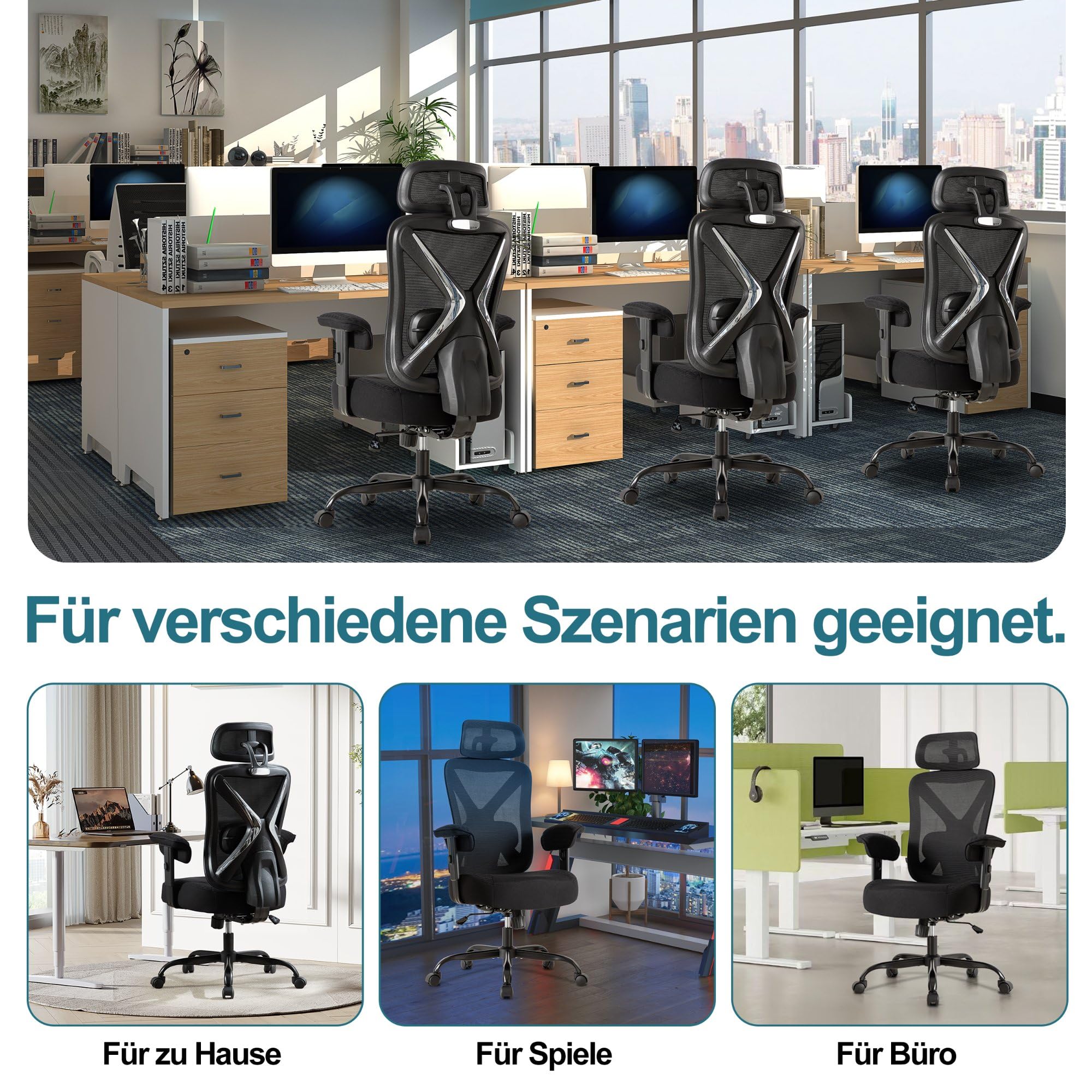 UEV Ergonomischer Bürostuhl 220kg mit Kopfstütze, Schreibtischstuhl Schwarz | Verstellbare Lendenwirbelstütze/Armlehnen, atmungsaktiv Netzbespannung, 13,5CM verdicke Sitzkissen,Home Office Chair