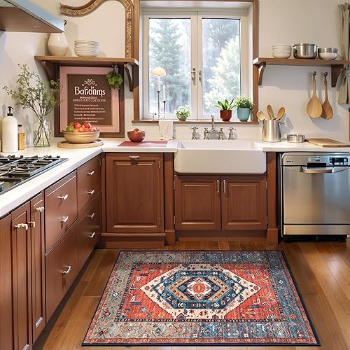 Miniatura 7 de SERISSA Alfombra bohemia pequeña de 2 x 3 pulgadas, lavable, antideslizante, alfombra persa, 21.16 onzas, telas de poliéster con diseños orientales