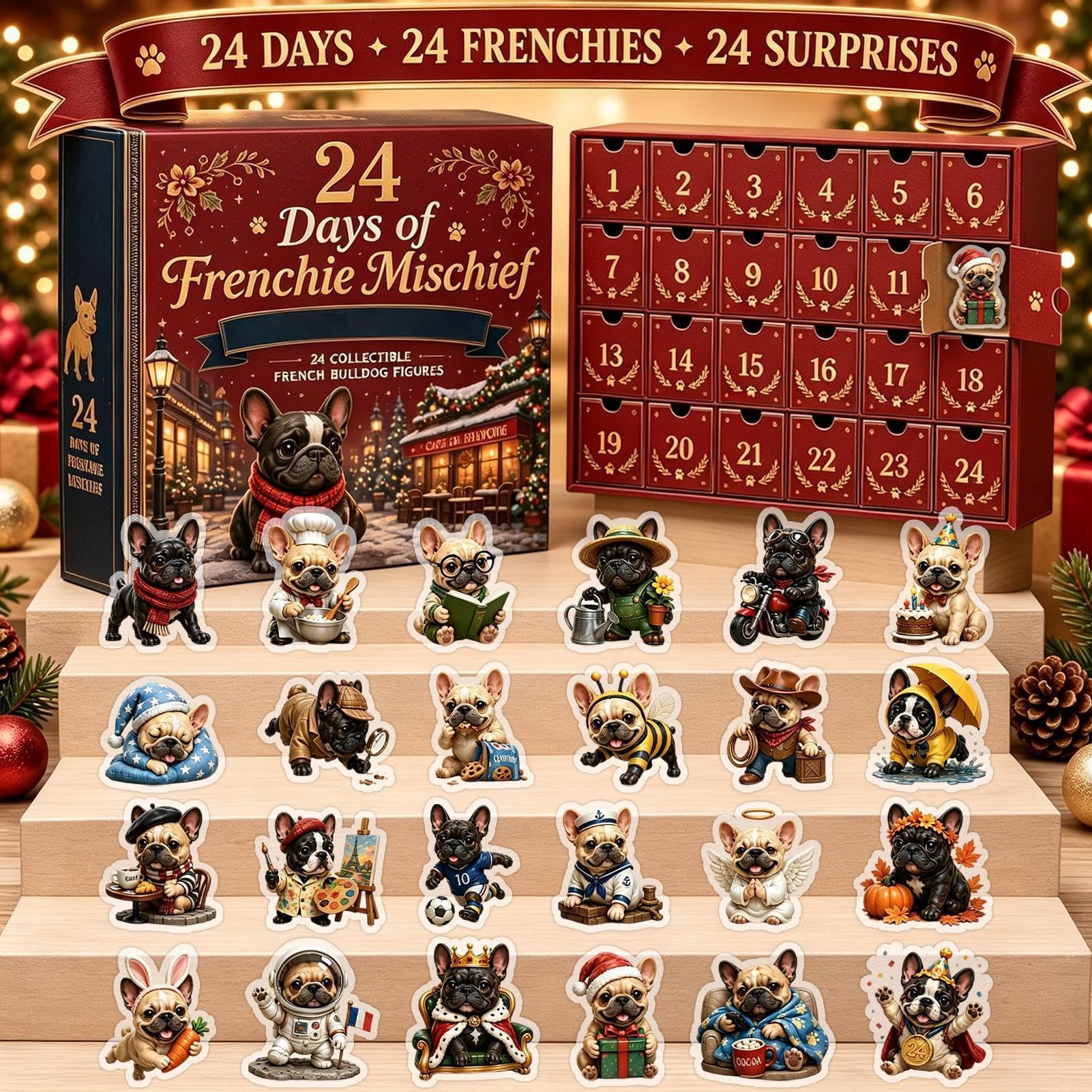 Calendario natalizio per conto alla rovescia dell'Avvento 2D piatto Bulldog