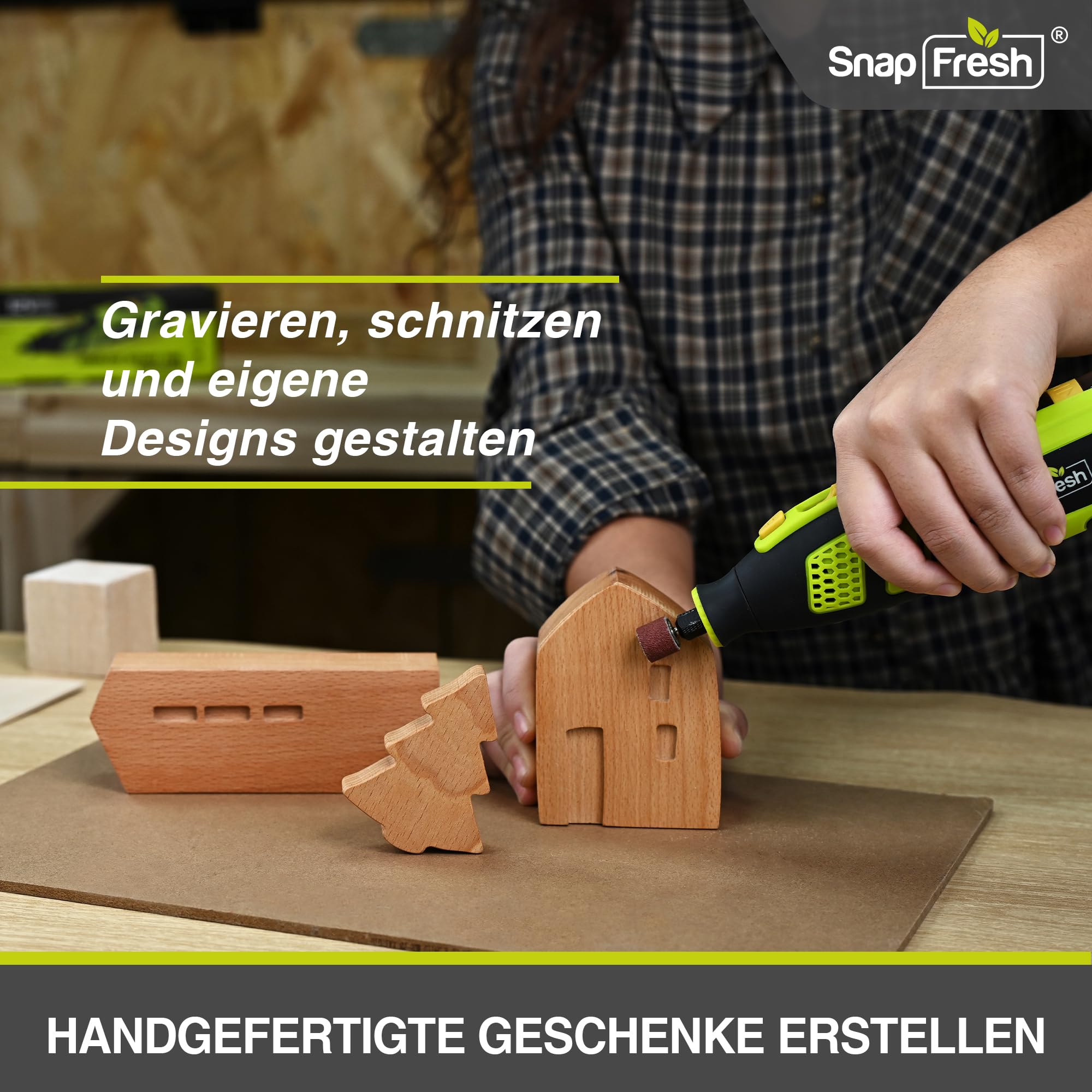 SnapFresh Akku-Rotationswerkzeug 12V Set mit 111 Zubehörteilen, variable Drehzahl 5.000–32.000 U/min, digitales Display & Drehzahlspeicher, zum Schleifen, Gravieren, Polieren & Bohren