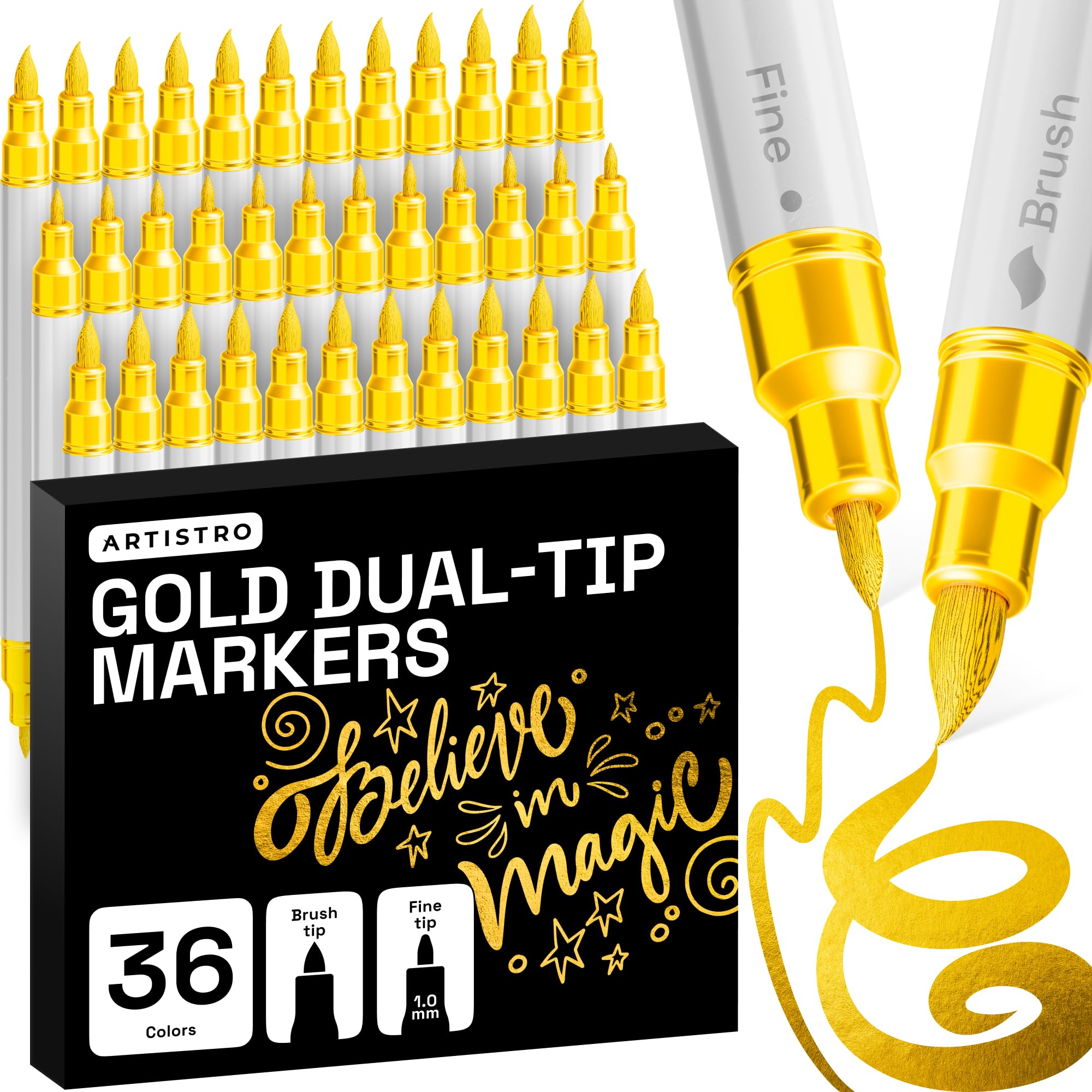 ARTISTRO 36 Gold Dual-Tip Acrylic Paint Marker Pens for Drawing