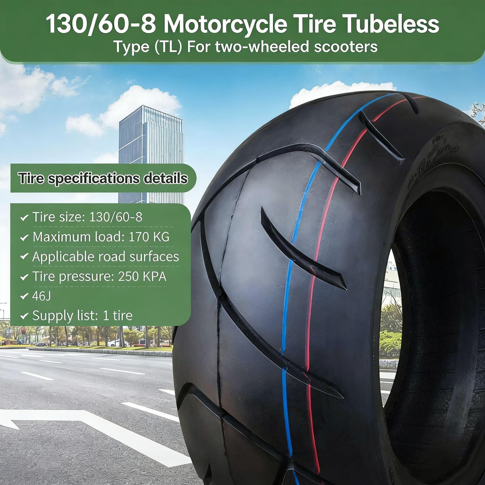 130/60-8 Pneu Tubeless Avant/Arrière, Indice de Charge 46J, Pression 250kPa, 130/60/8 Résistant aux Perforations, Idéal for Motos et Scooters Urbains