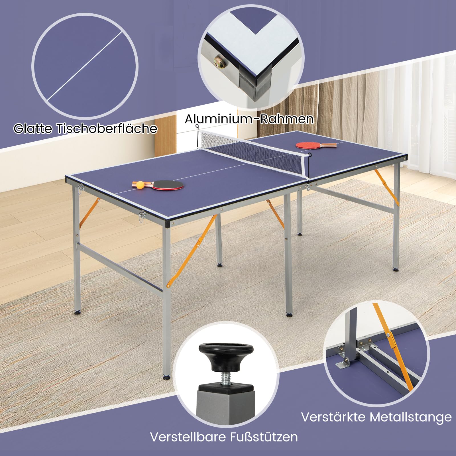 GYMAX Faltbarer Tischtennisplatte inkl. Netz, 2 Schläger & 3 Bällen, Indoor Tischtennistisch 166 x 90 cm, Tischtennis Set für innen & außen, Blau
