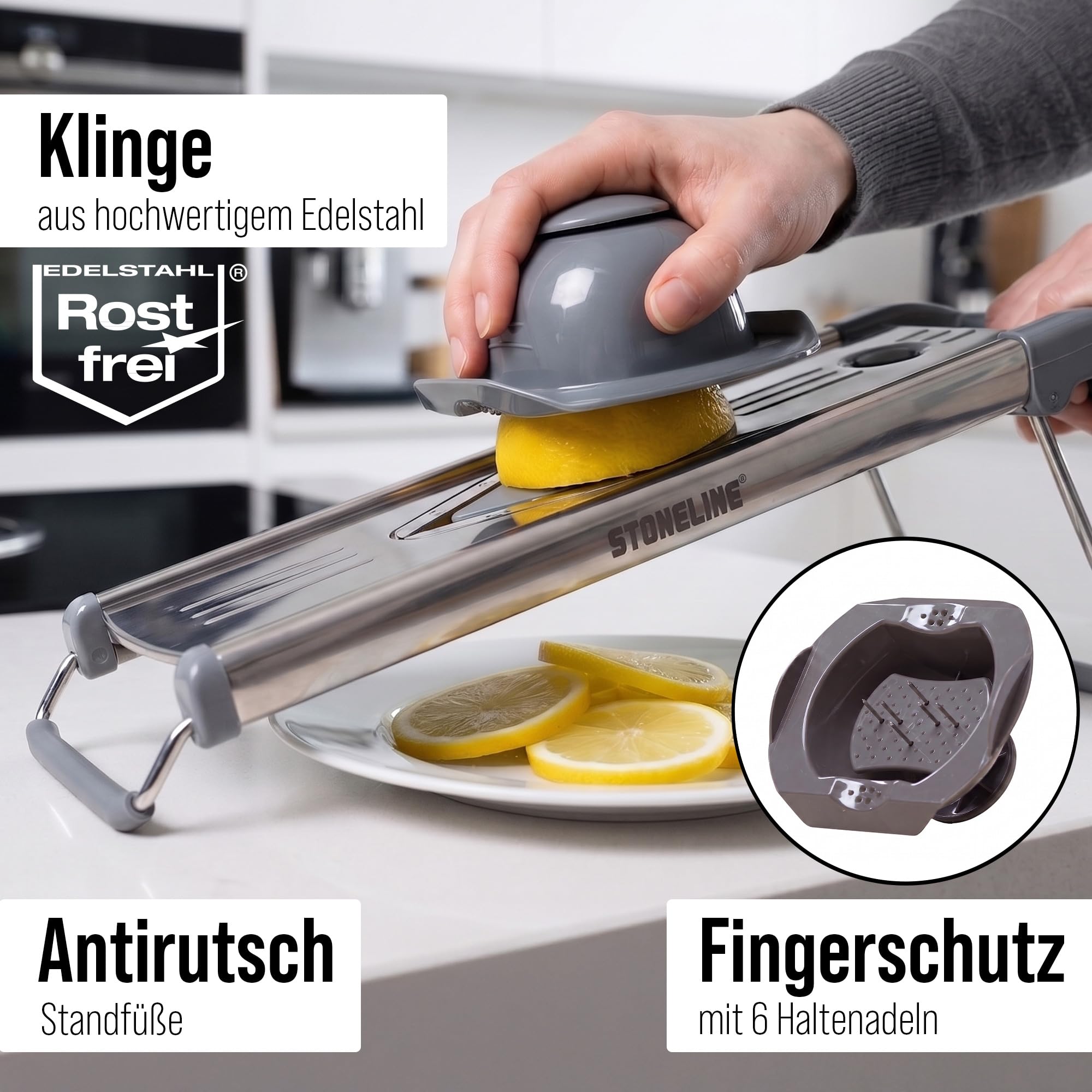 STONELINE Râpe en V, Mandoline à Légumes, polyvalente, pour pour Frites, Coupe-Légumes, avec 5 embouts, Set de 9 Pièces, en Acier Inoxydable