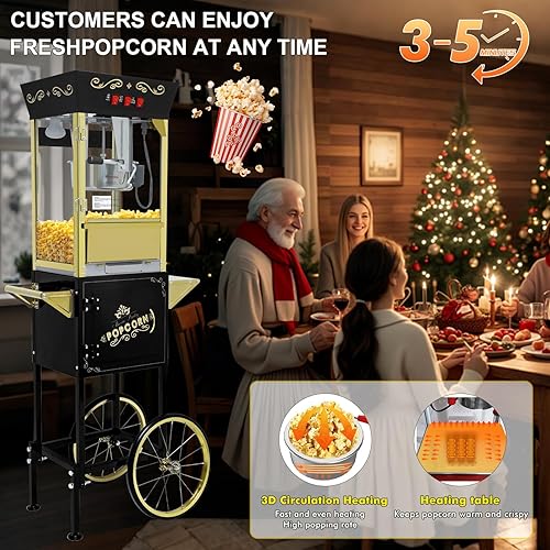 Miniatura 2 de Máquina de palomitas de maíz con carrito, ruedas y hervidor de 12 onzas, máquina para hacer palomitas de maíz, estilo vintage, máquina de palomitas