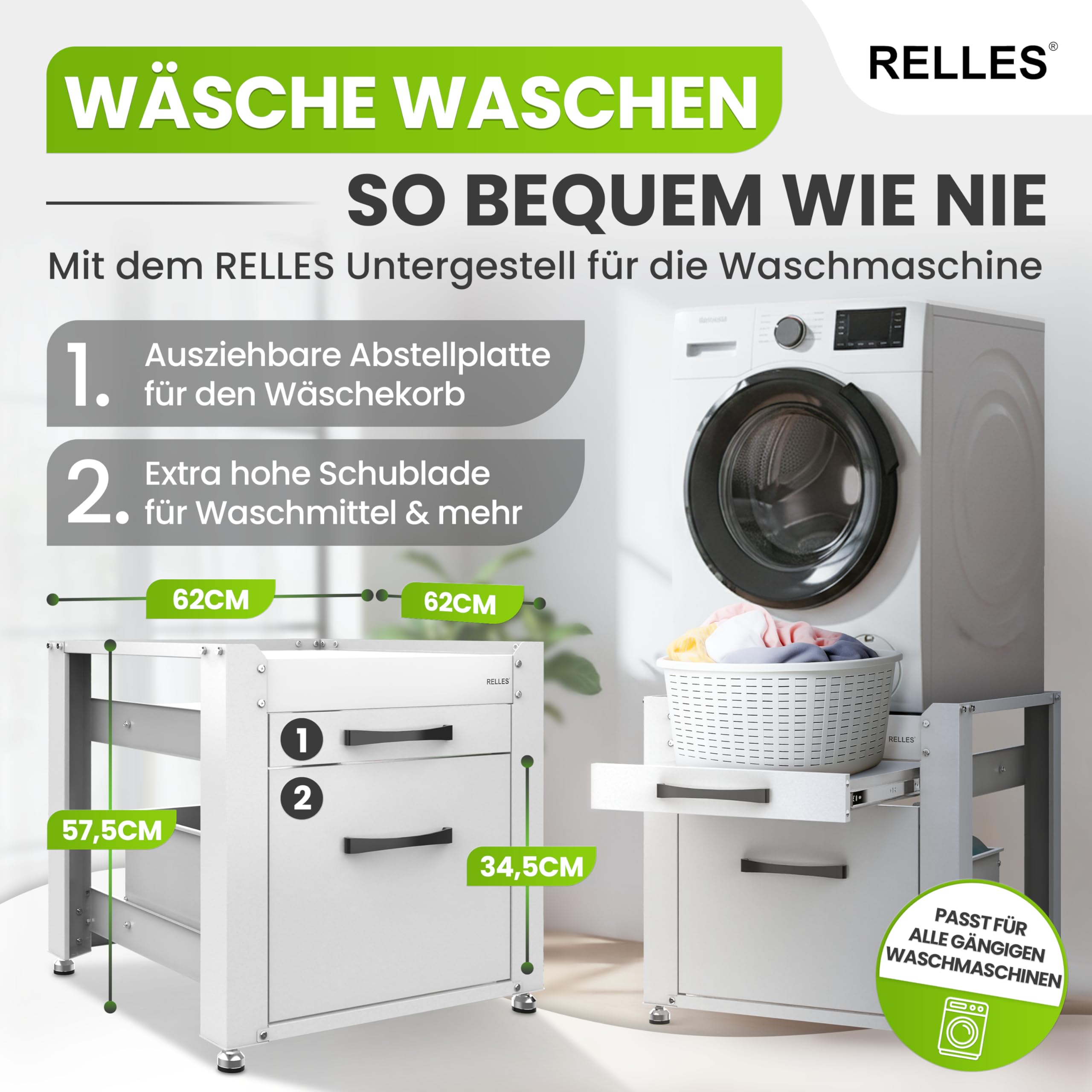 Untergestell mit Schublade und Ablage, 500 kg Tragkraft, Unterbau aus Stahl, 62x62x57,5 cm (LxBxH), Podest für Waschmaschine und Trockner, Unter Schrank Erhöhung, Höhenverstellbare Füße