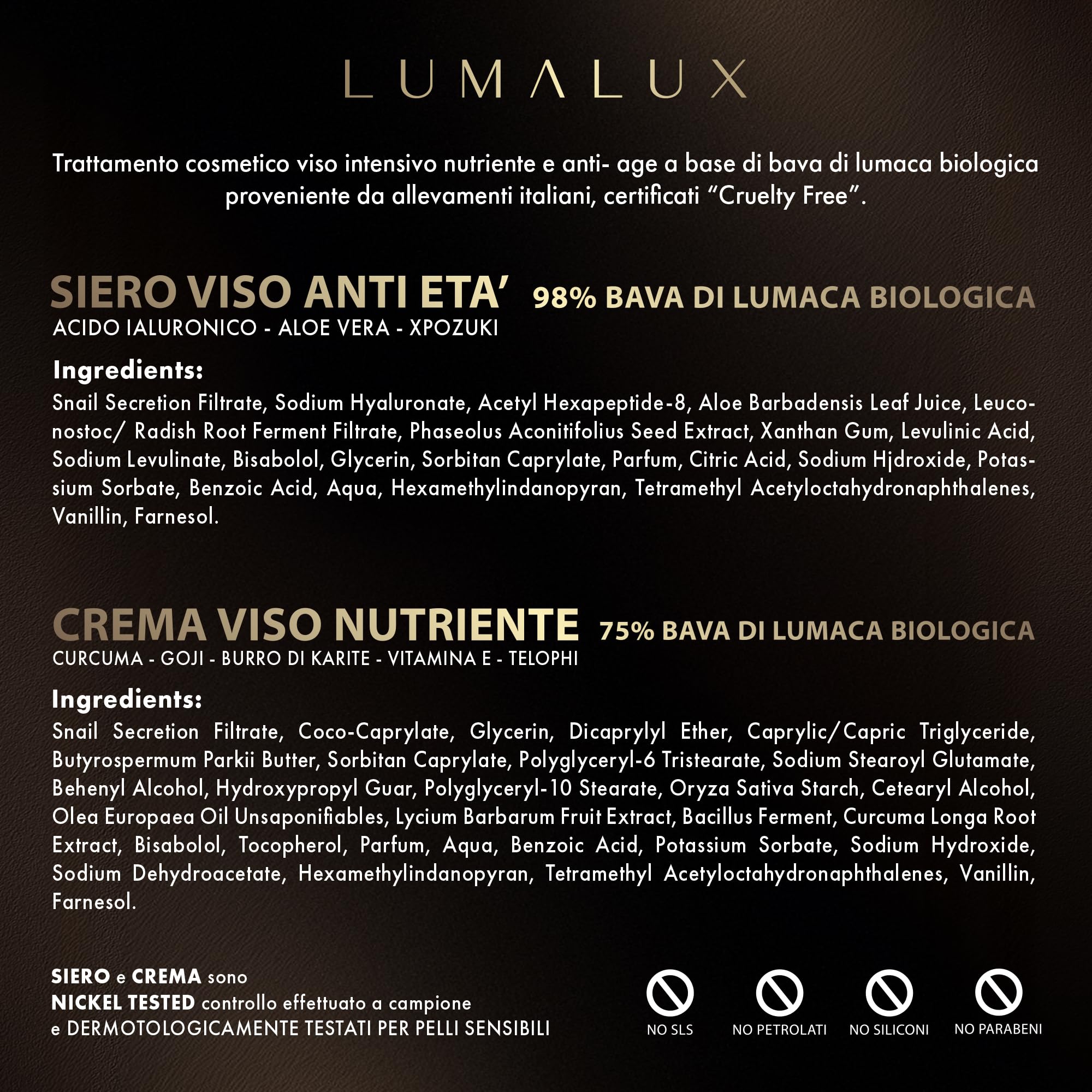 Lumalux- 2 in 1, Siero e Crema con Bava Di Lumaca 98% e 75%- Acido Ialuronico Antirughe e Aloe Vera