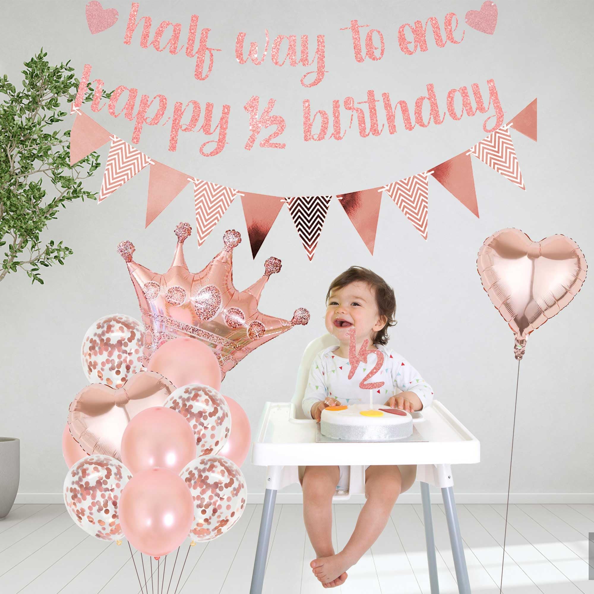 Half Way To One Banner – Rose Gold Glitter 6-Month Birthday Decor, DIY String - View #7