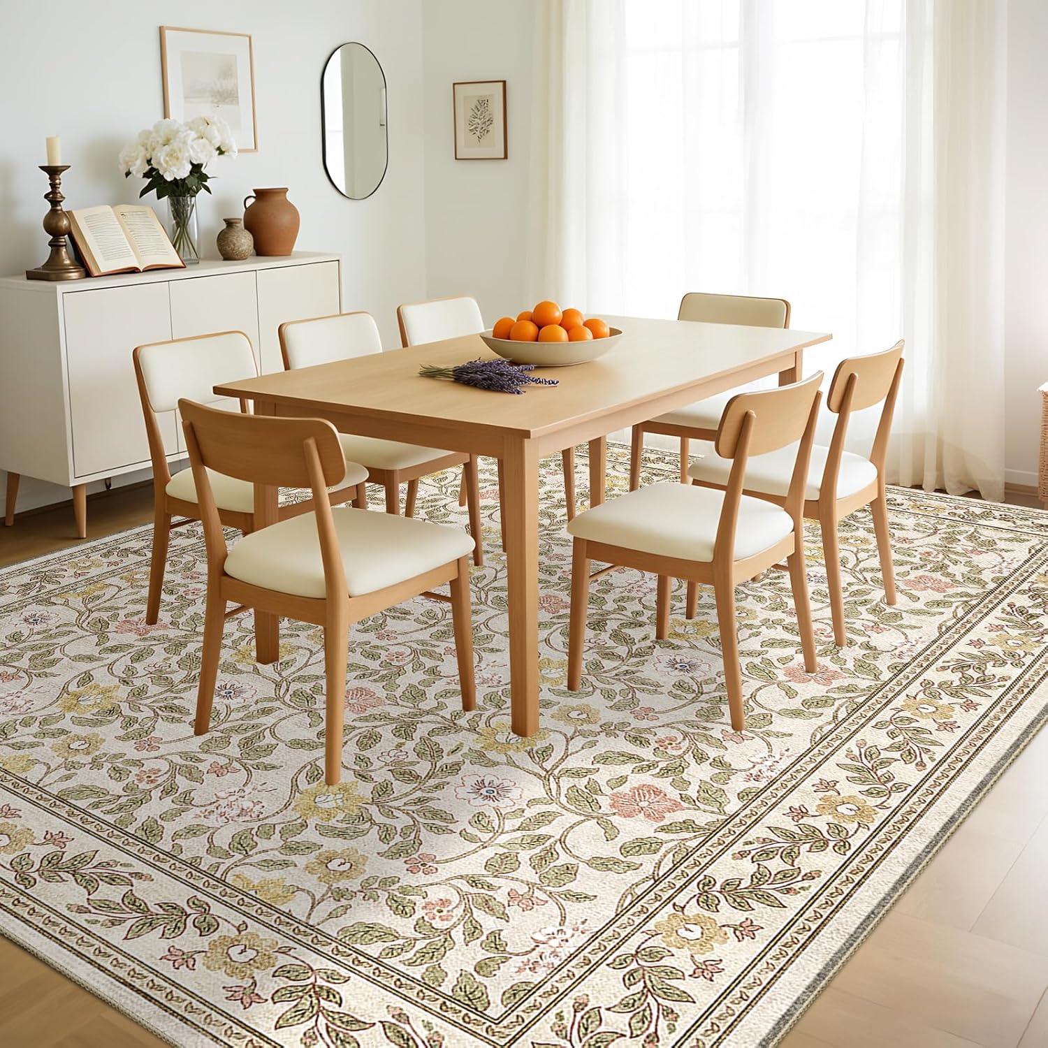 9x12 Floral Area Rug for Living Room Non Slip,Soft Low Pile Stain Resistant Washable Girls Bedroom Large Vintage Rugs,Beige/Multi