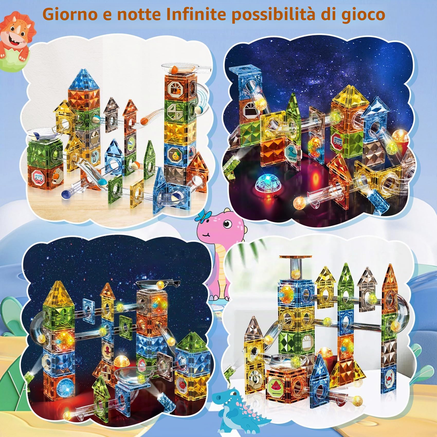 Costruzioni Magnetiche per Bambini Giochi Magnetici Blocchi 142 Pezzi | Luminescenti Costruzione Magnetic Tiles con Pista Giocattoli STEM Montessori Educativi Regalo per Ragazzi Ragazze 3+ Anni