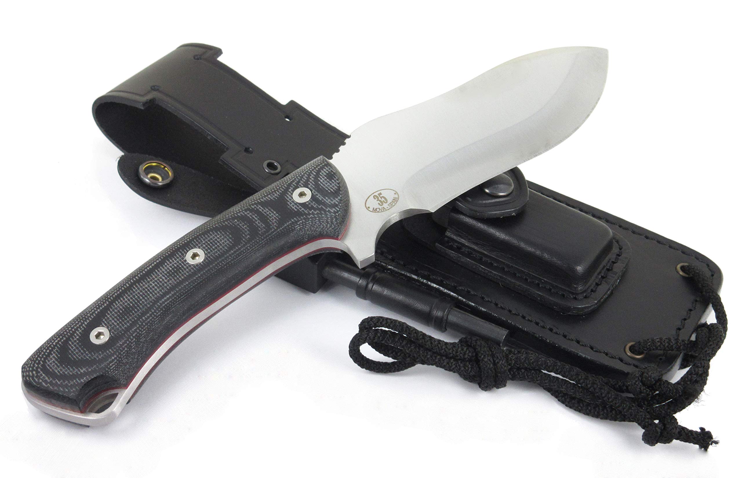JEO-TEC Nº35 Nóż Bushcraft, nóż do paska na zewnątrz, nóż myśliwski, nóż survivalowy wielofunkcyjny , stałe ostrze, MOVA-58, z naturalna skorzana osłona + krzesiwo + ostrzalka do noży , recznie robiony w Hiszpanii