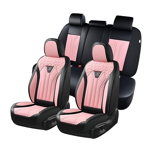FLORICH Leather Seat Covers, Car Seat Covers Full Set, Car Seat Protectors 5 Seats, Pink Driver Seat Covers Fit for Most Cars Trucks SUV - Black&Pink - FullSet