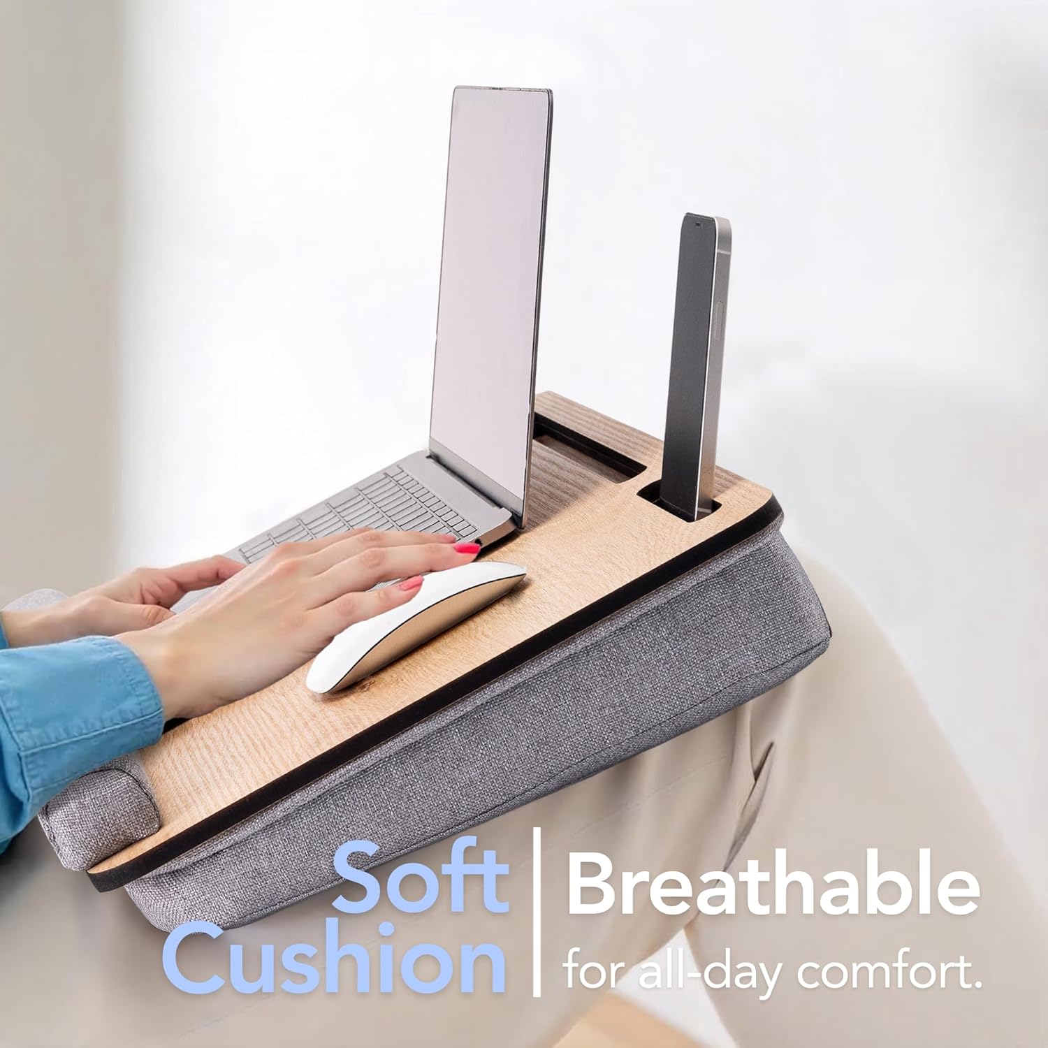 Vigo Wood Portable Laptop Desk – Lapdesk with Cushion, Laptop Stand for Bed, Lap Desk for Laptop and Lap Desk for Bed, Portable Desk for Lap top, Notebook Bed Tray (Oak & Gray)