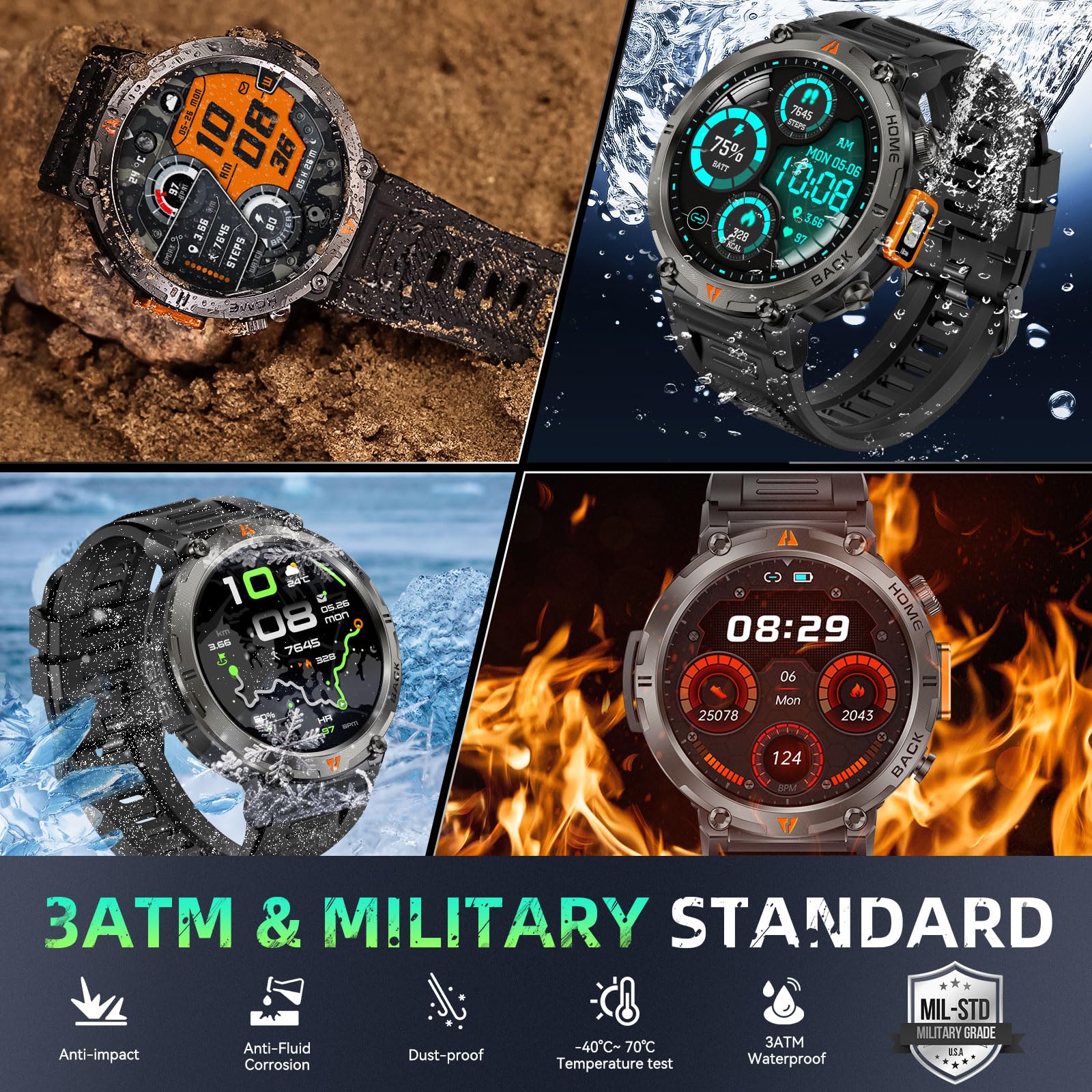 GPS Smartwatch Militare Uomo Impermeabile 3ATM con Torcia LED Bussola, 1,45" HD Rugged Smartwatch Orologio con Chiamate Bluetooth, Fitness Watch con Cardiaca SpO2 Notifiche WhatsApp per Android iOS