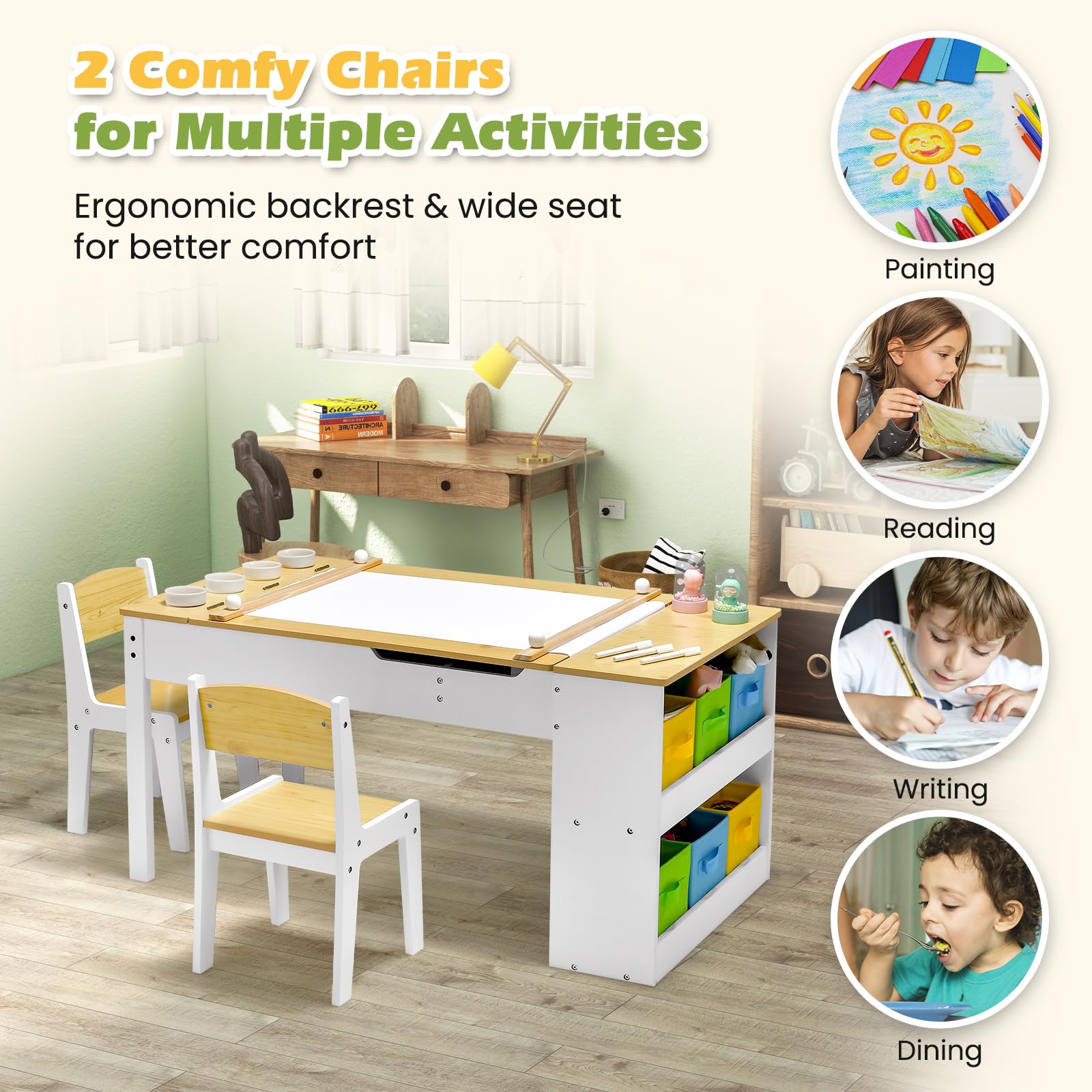 RELAX4LIFE Mesa Infantil con 2 Sillas, Mesa y Silla Infantil de Madera para Niños con Encimera Elevable, 2 Espacio Interior, 6 Cajones de Tela, 4 Tazas para Pintar y Rollo de Papel (Natural)