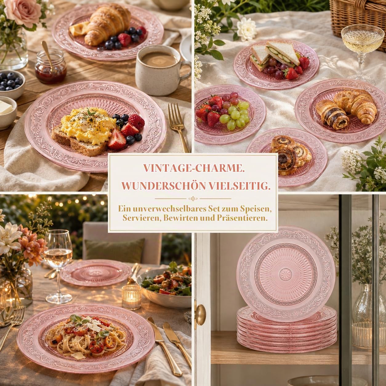 Art Deco Vintage Kristall rosa Teller | Set mit 6 Stück | Einzigartige 26,7 cm Speiseteller – Abendessen, Ladegerät, Dessert-Servierer, Vorspeisenteller, Snack, Obst, Handwäsche, Einweihungsgeschenk