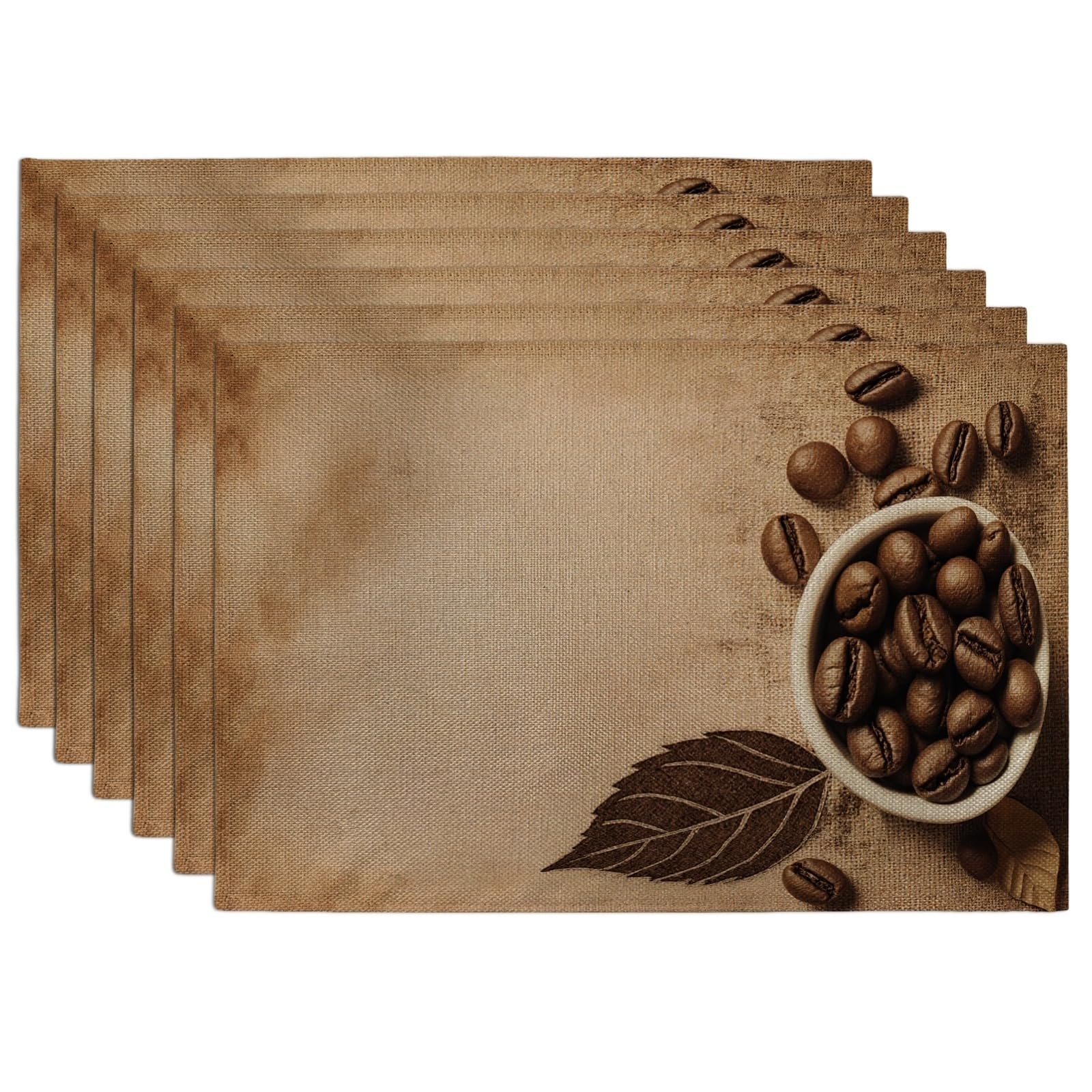 Coffee Beans Placemats, Rustic Vintage Kitchen Table Place Mats for Dining, Everyday Non-Slip Washable Indoor Outdoor Decorative Placemat Set of 6