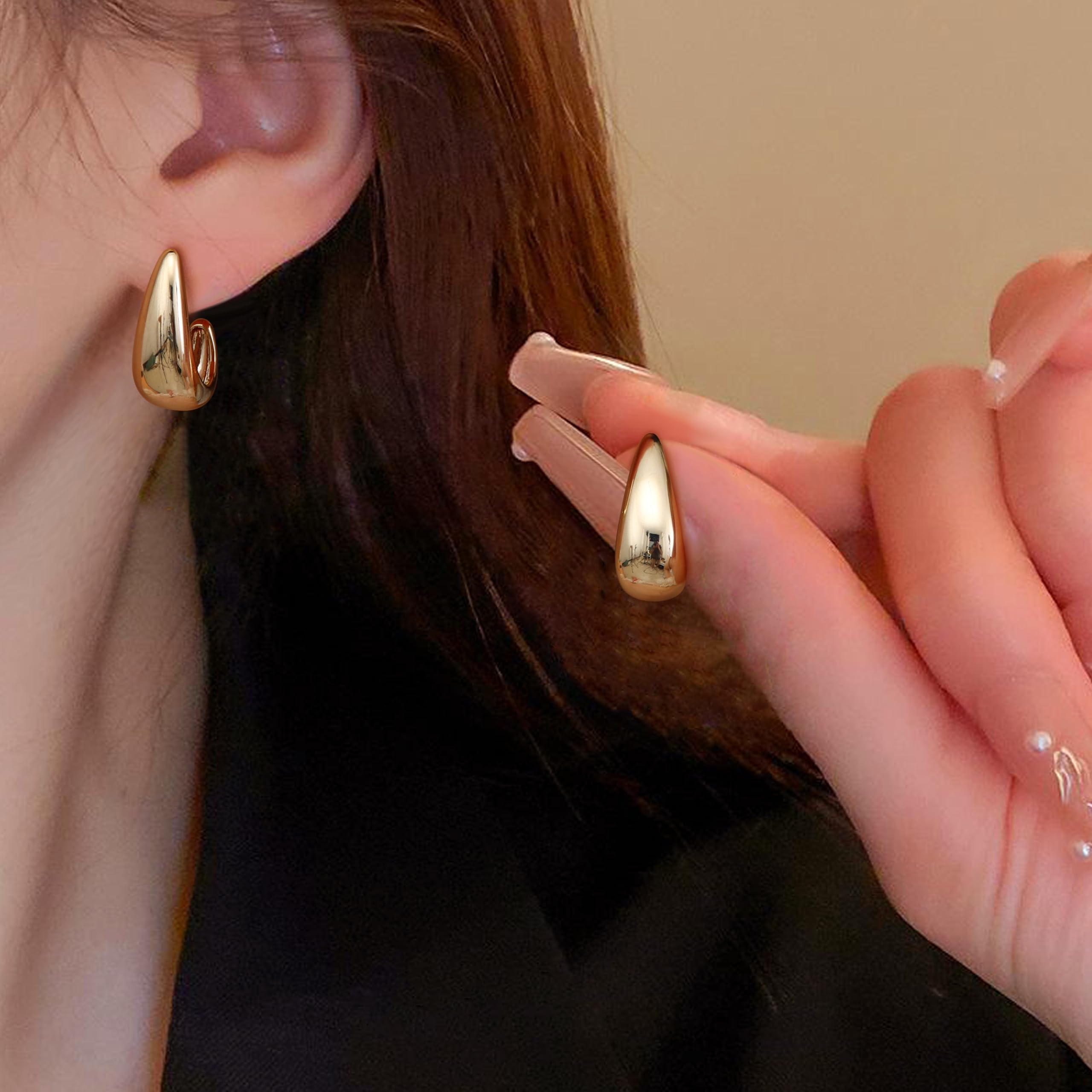 DOCHAIS Orecchini a cerchio in argento sterling 925 Chunky Huggie da donna, placcati in oro 14 carati, a forma di lacrima e cupola, ipoallergenici, oro/argento/oro rosa, regalo per donne