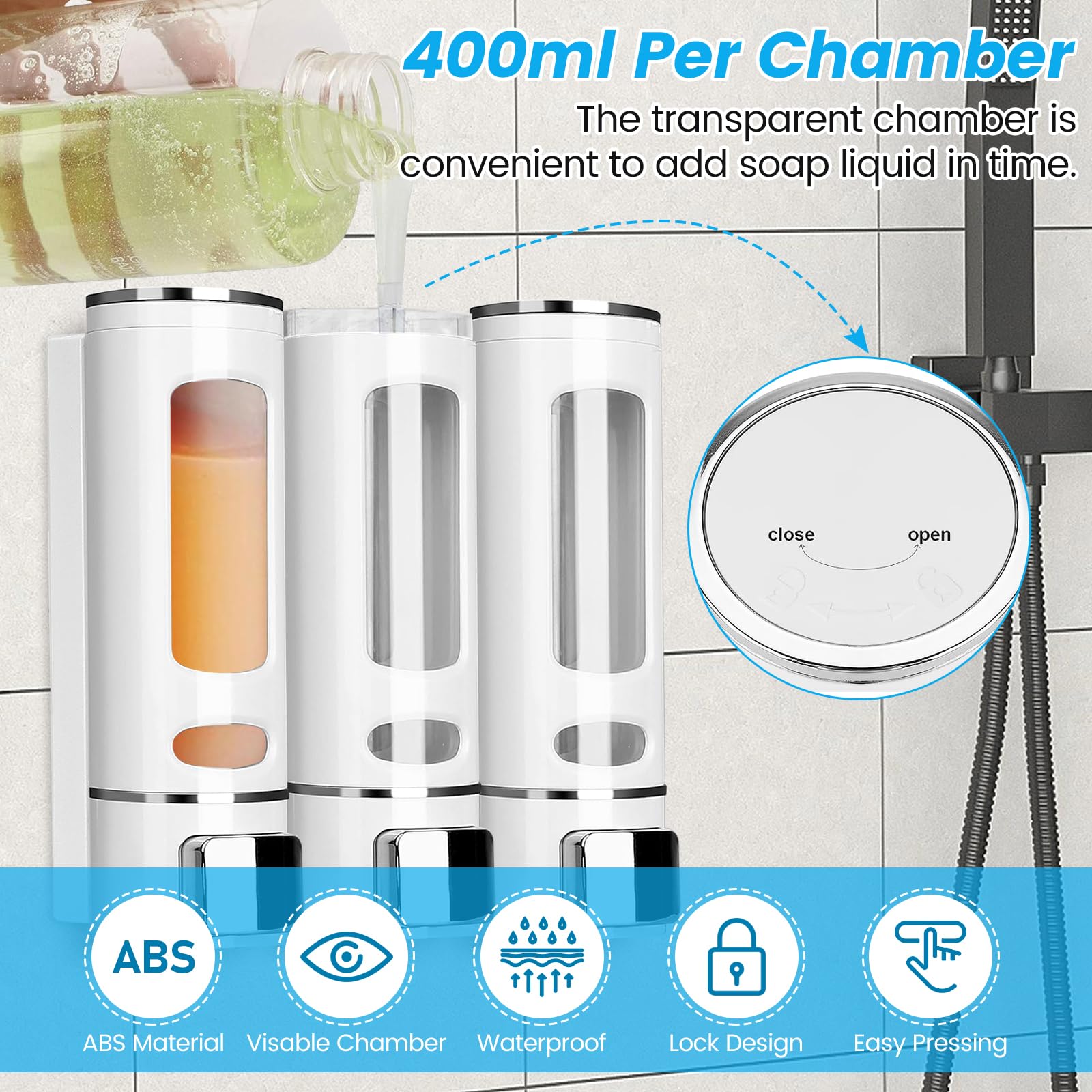 Distributeur de savon mural, 3 chambres, 400 ml, grande capacité, installation sans perçage pour gel douche, shampooing, après-shampoing et détergent à vaisselle, idéal pour salle de bain