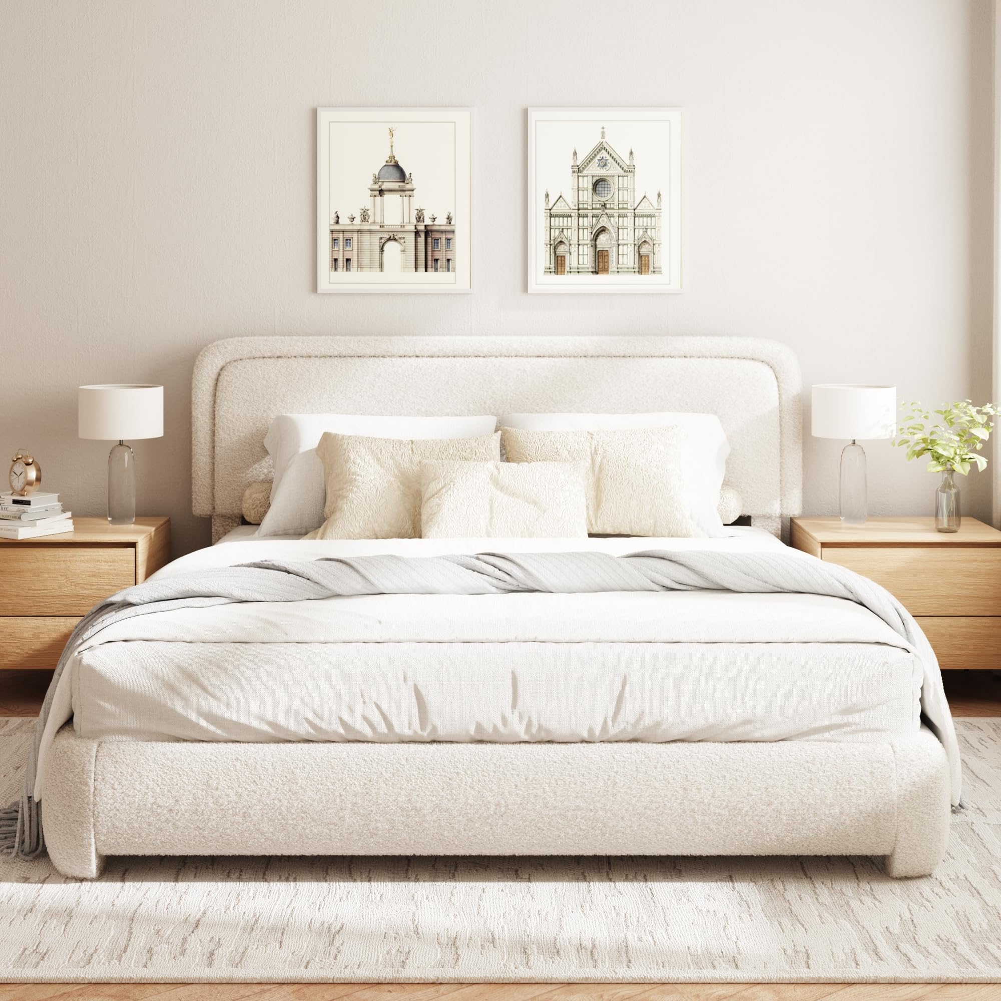 GLOLLOSPARK Queen Size Boucle Bed Frame, Cloud Upholstered Platform Bed with Height Adjustable Headboard & Soft Rounded Corners, No Box Spring Needed,